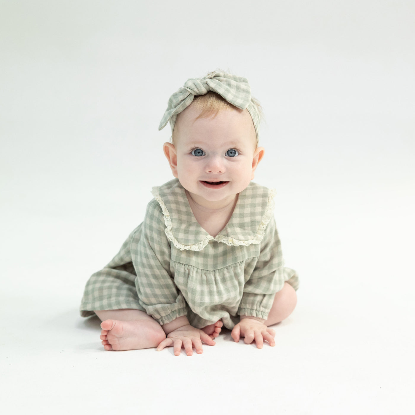 Peter Pan Collar Dress And Bloomer - Mini Green Gingham-Angel Dear