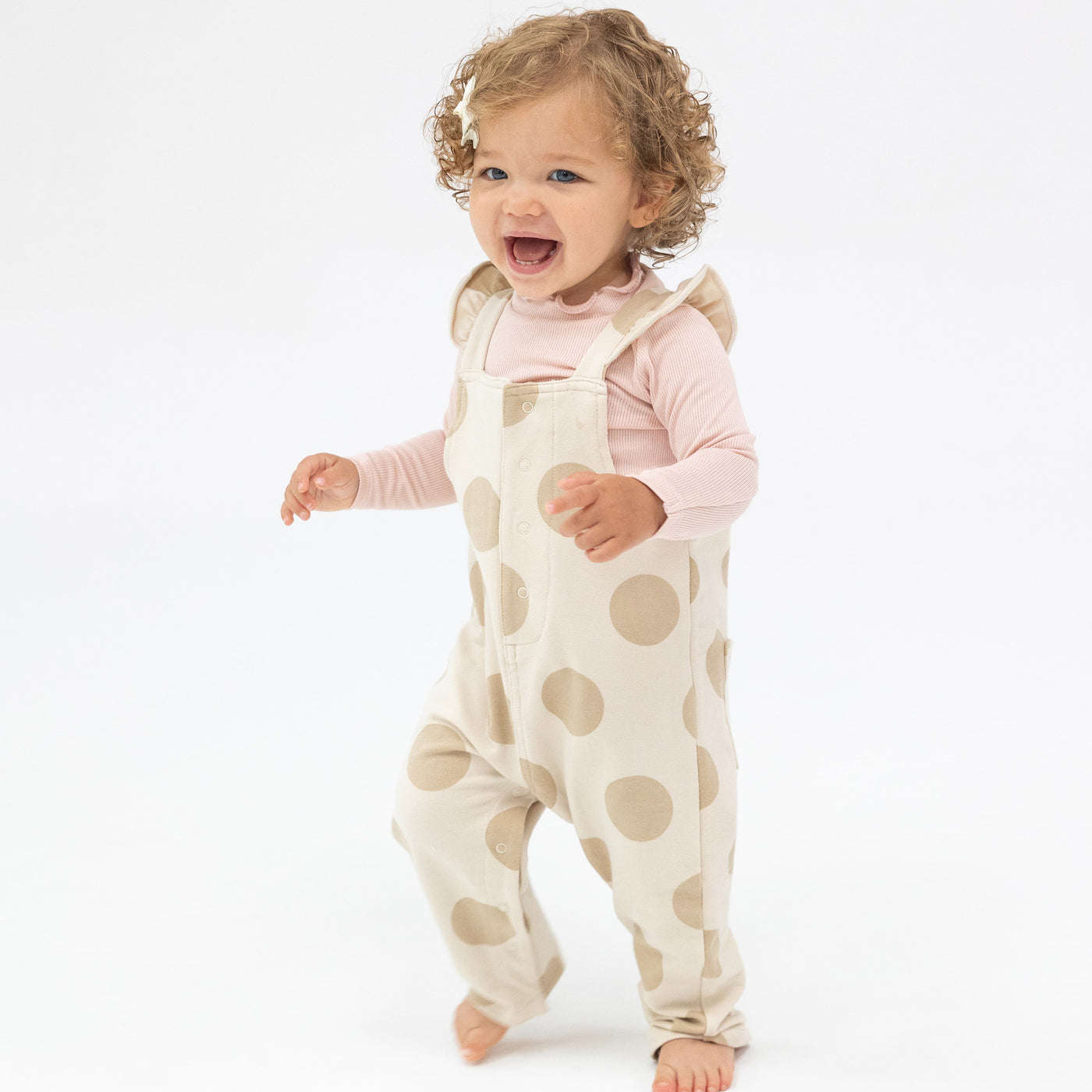 Front Pocket Ruffle Overall - Beige Dot