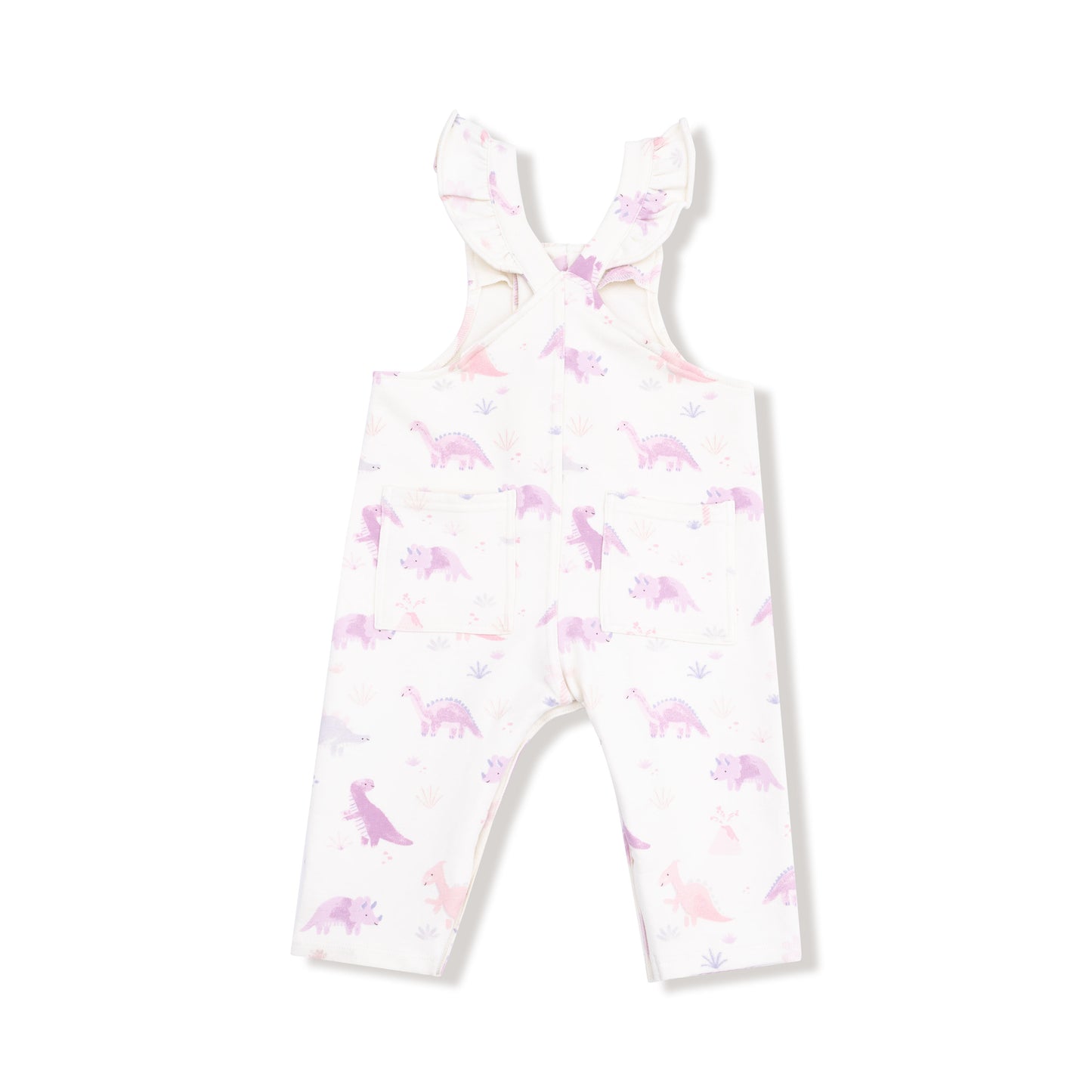 Front Placket Ruffle Overall in our  Soft Dinos- Purple print from Angel Dear