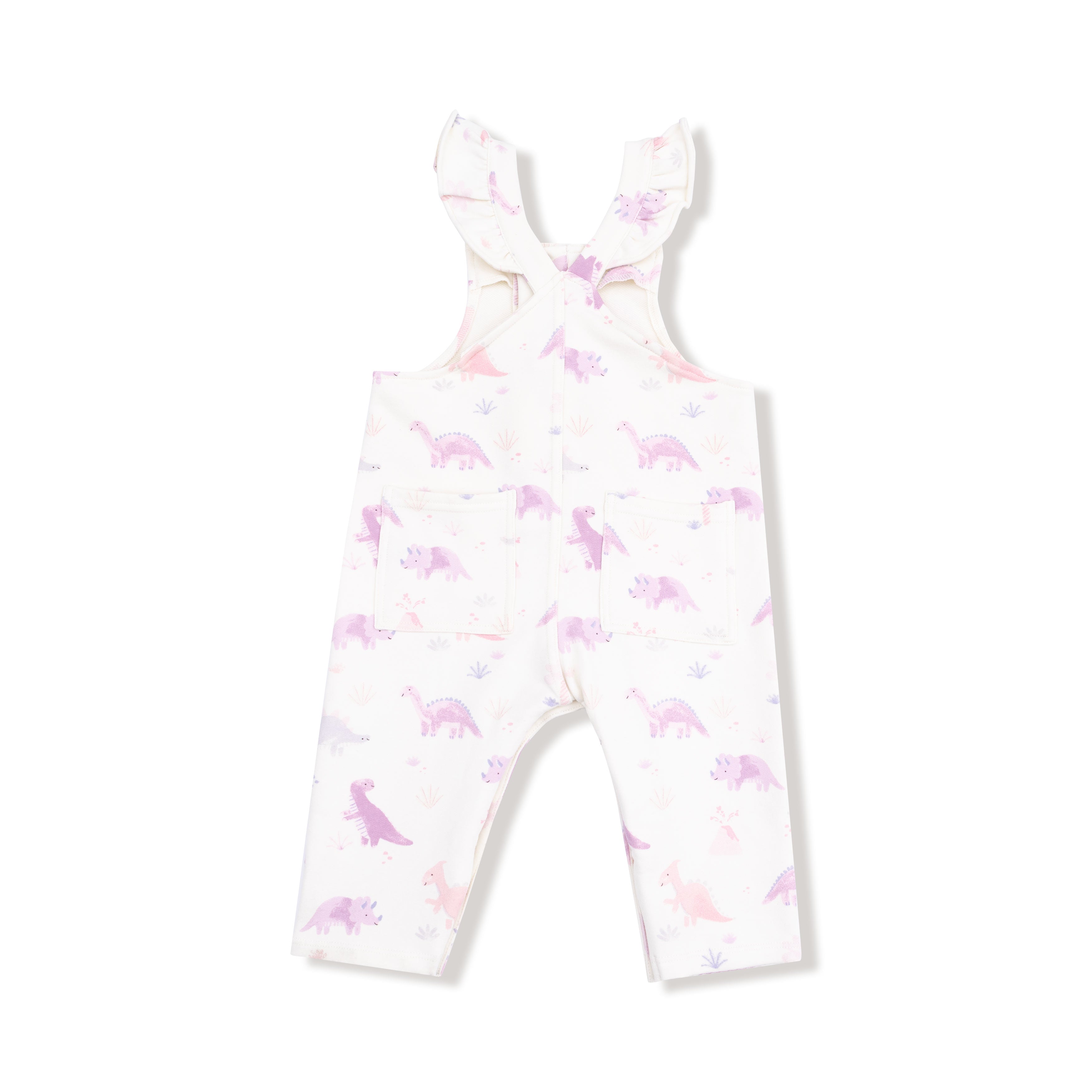 Front Placket Ruffle Overall in our  Soft Dinos- Purple print from Angel Dear