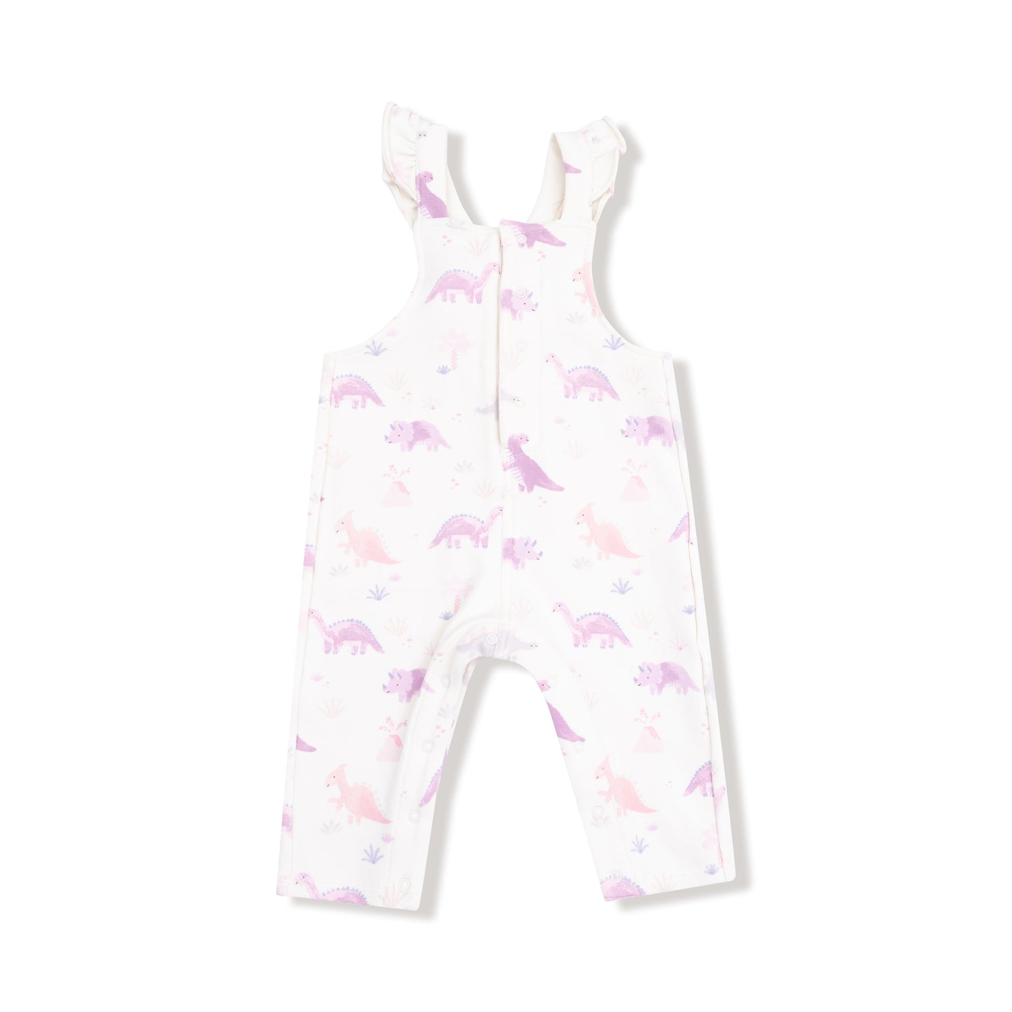 Front Placket Ruffle Overall in our  Soft Dinos- Purple print from Angel Dear