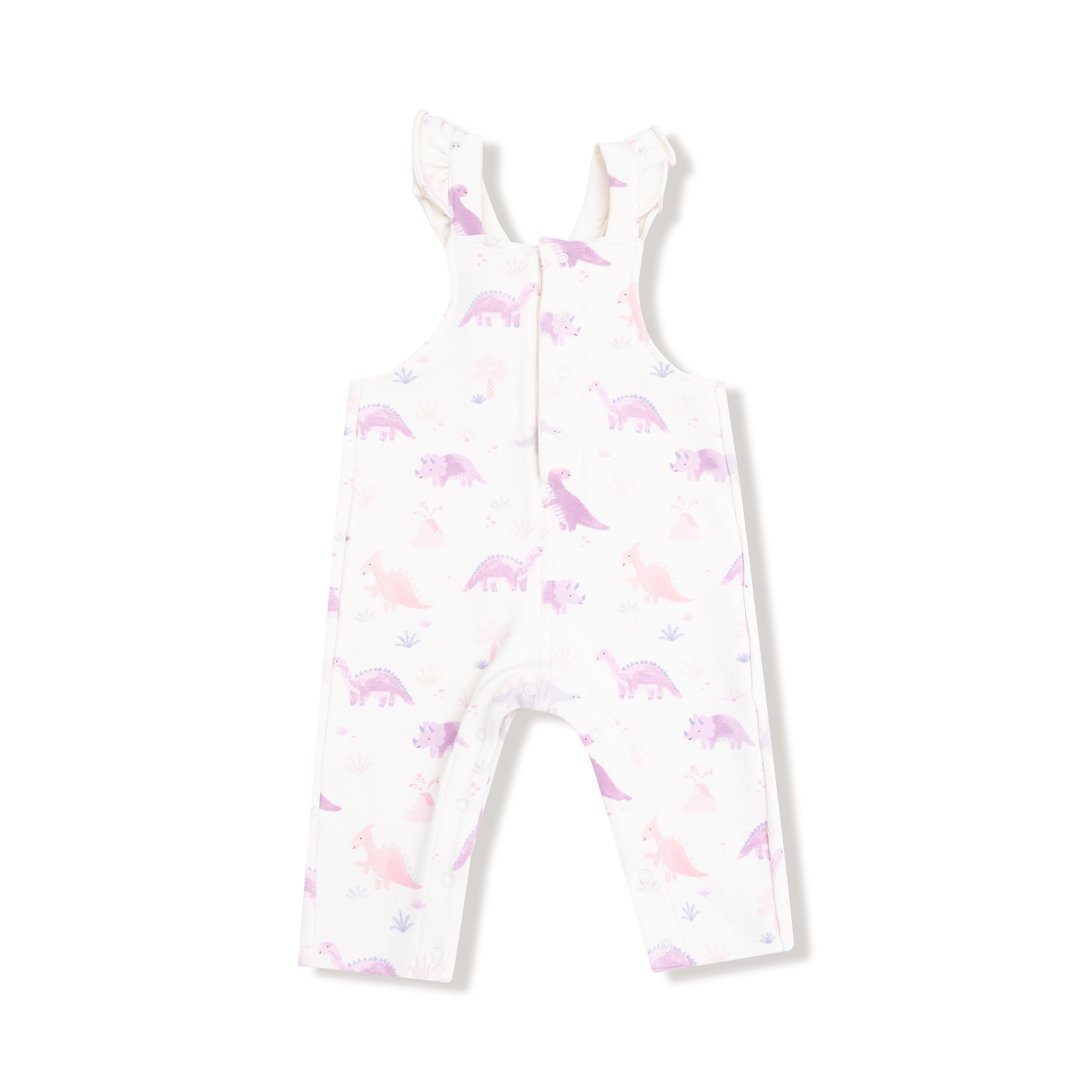 Front Placket Ruffle Overall in our  Soft Dinos- Purple print from Angel Dear