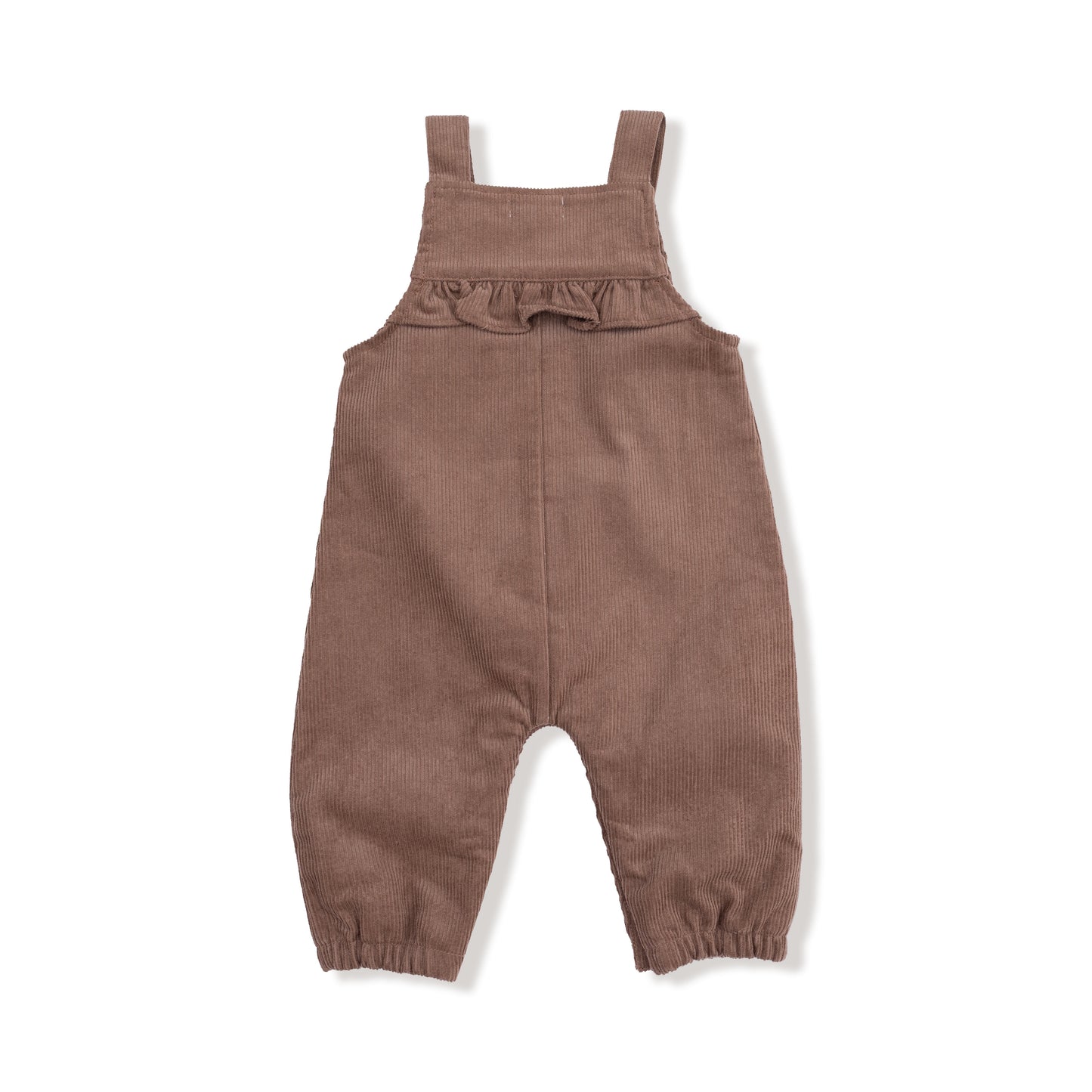 Yoke Ruffle Overall in our Chocolate Malt print from Angel Dear
