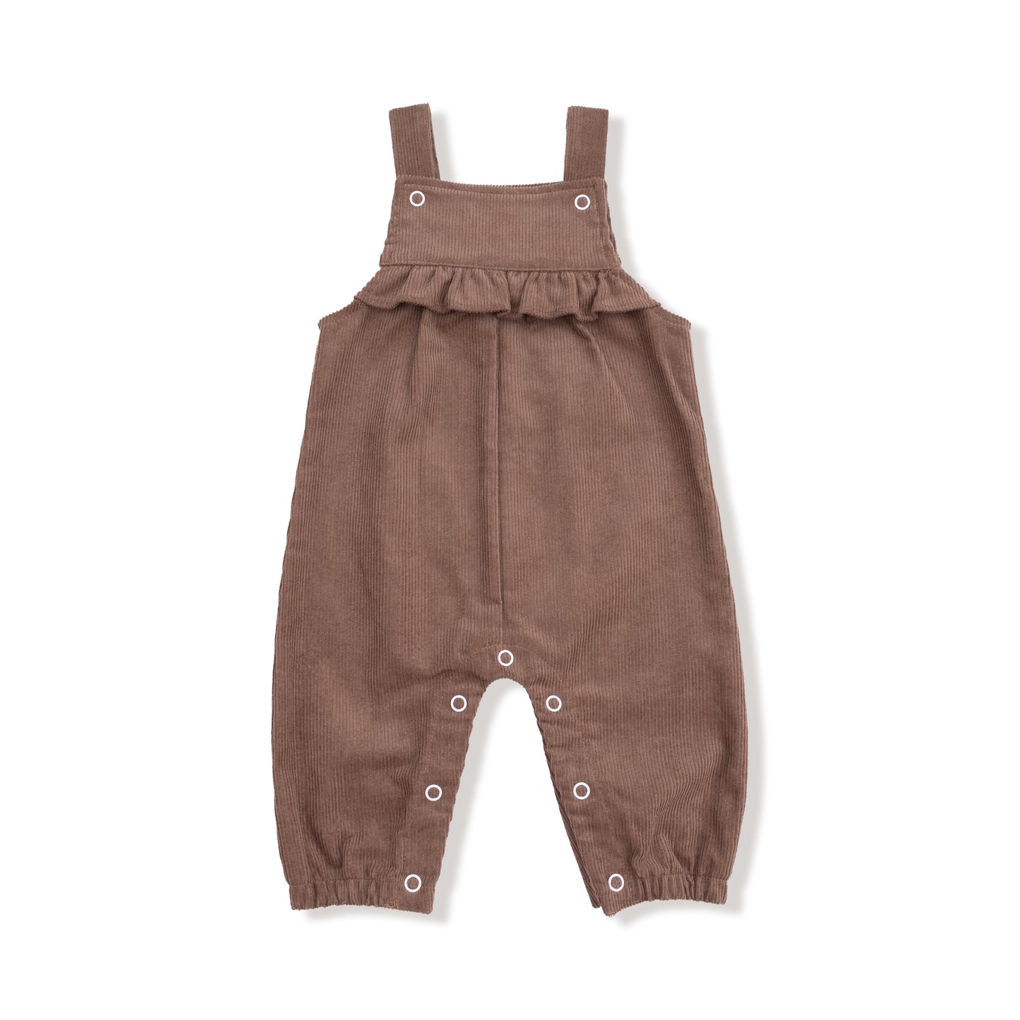 Yoke Ruffle Overall in our Chocolate Malt print from Angel Dear