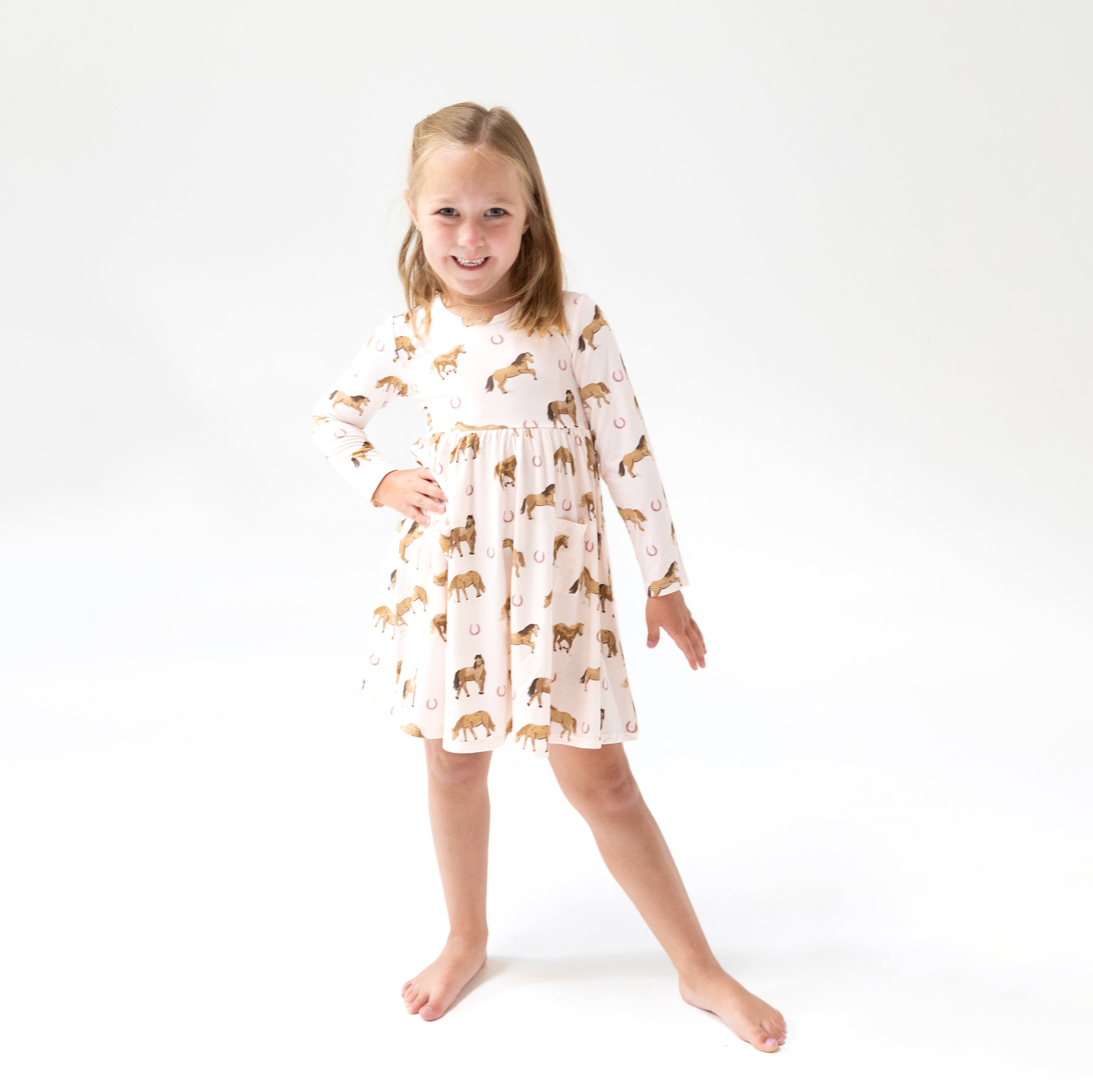 Twirly Long Sleeve Dress in our  Horses - Pink print from Angel Dear