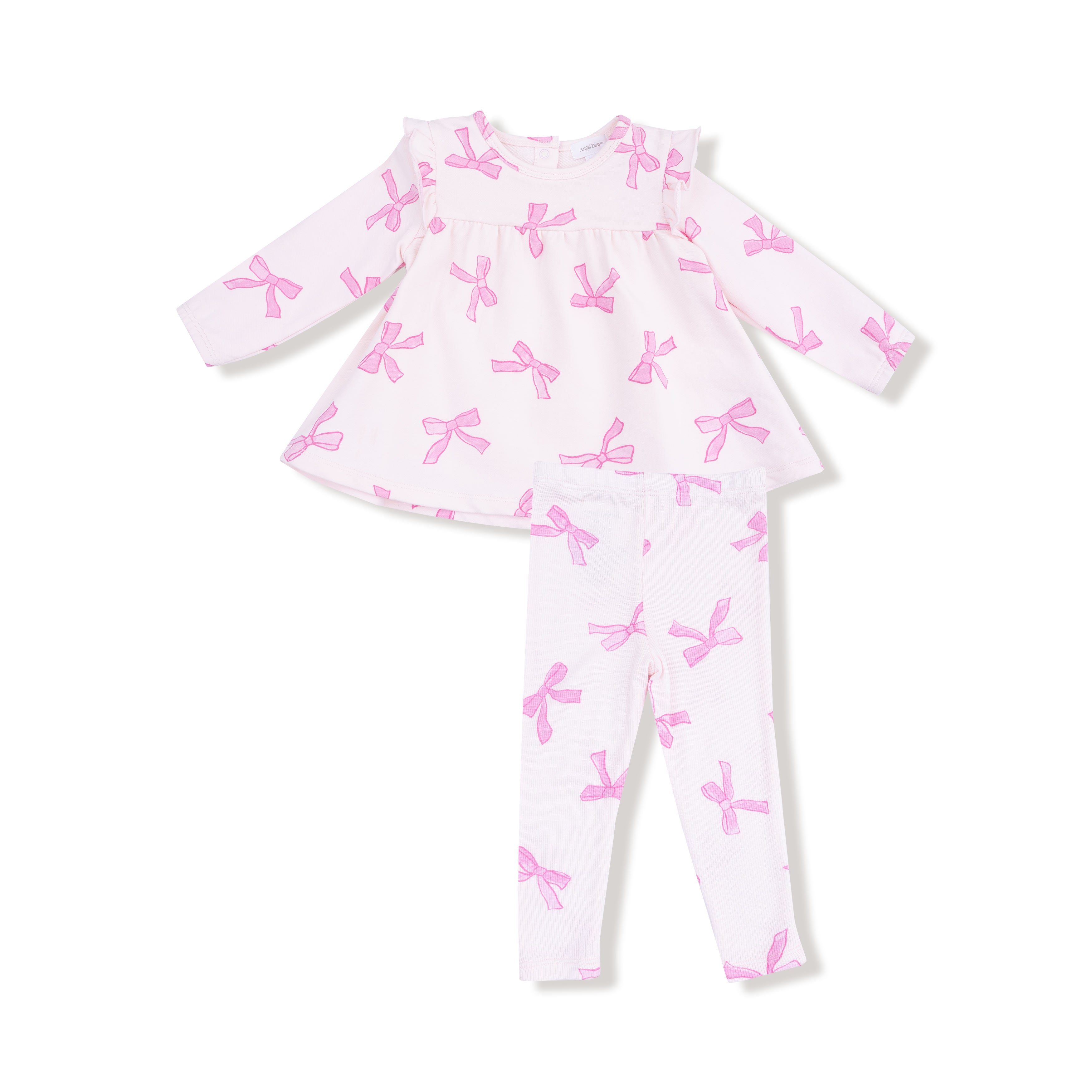 Ruffle Top and Ribbed Legging in our Pretty Bows print from Angel Dear