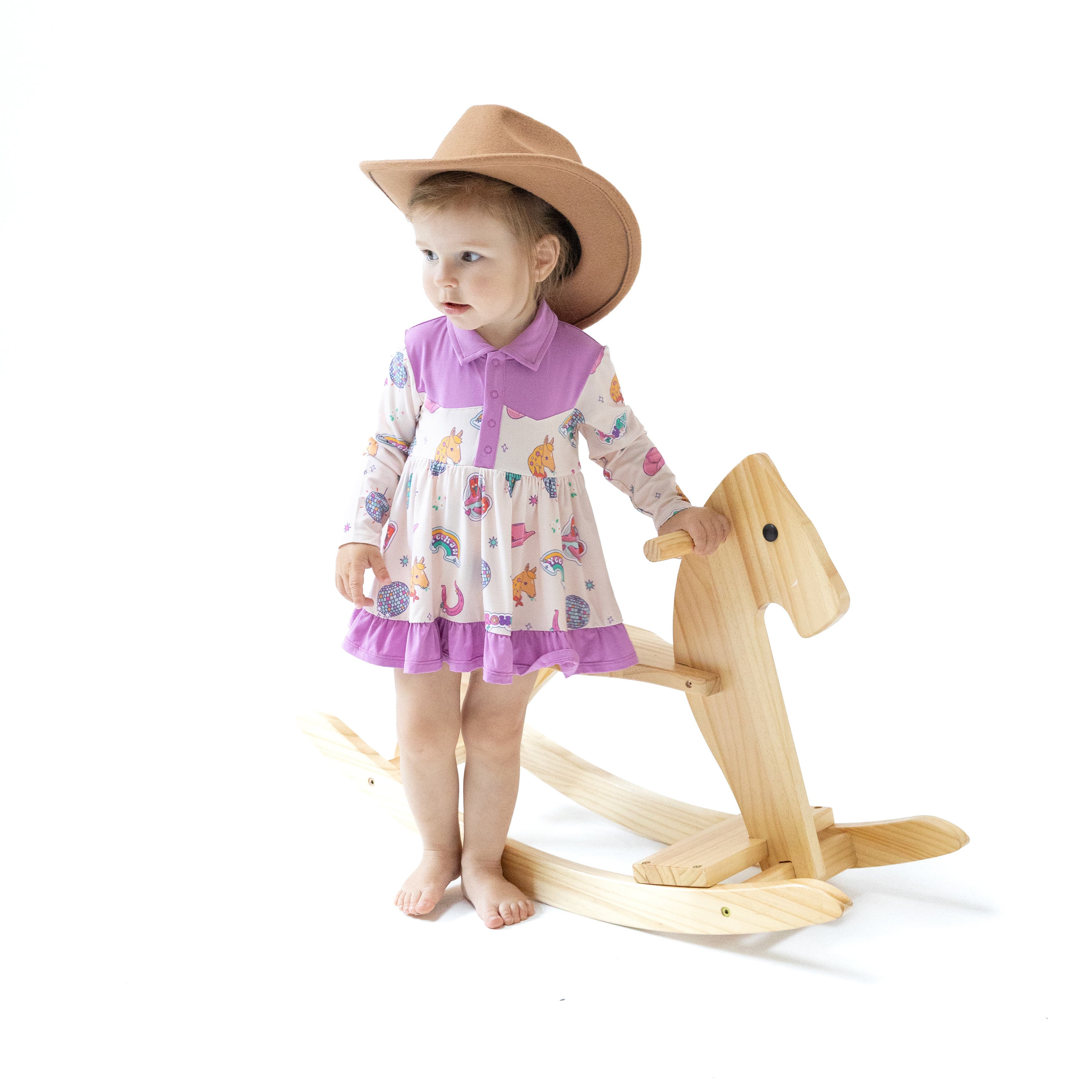 Long Sleeve Cowboy Bodysuit Dress in our  Disco Cowgirl print from Angel Dear