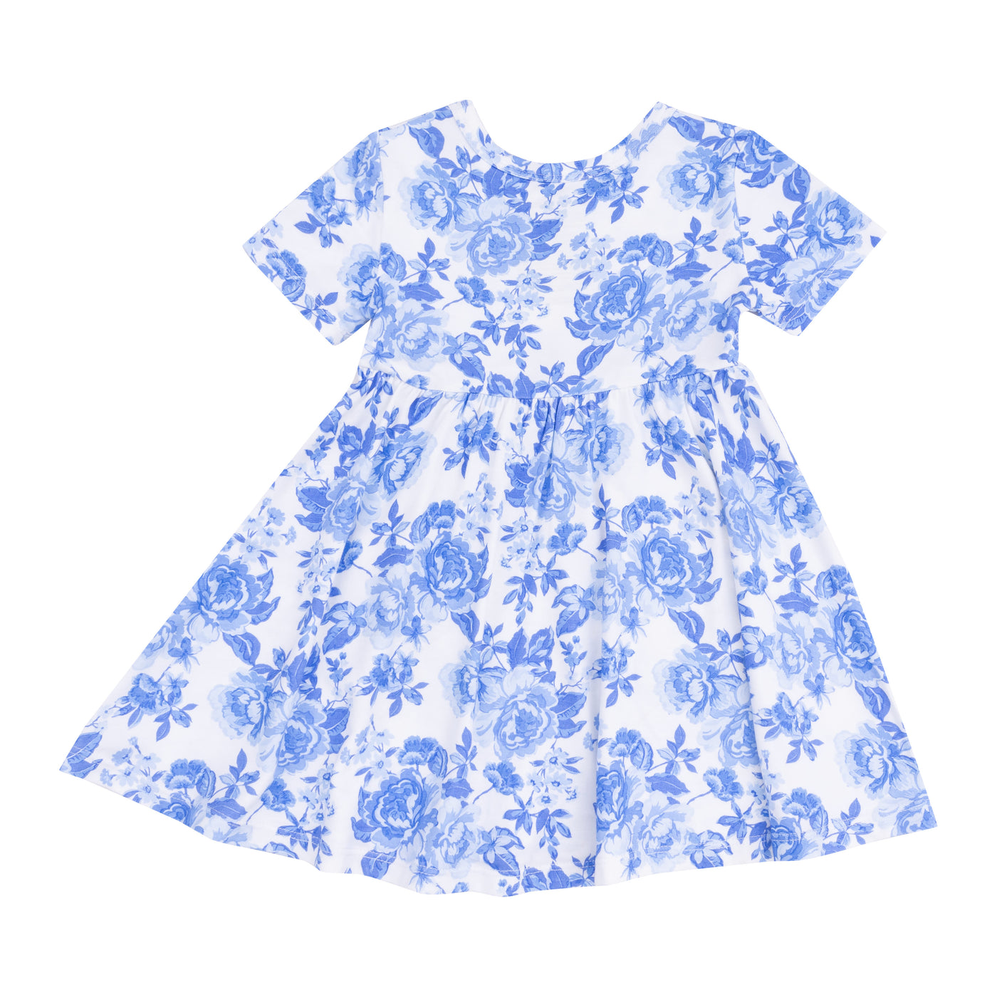 Short Sleeve Twirly Dress - Roses In Blue