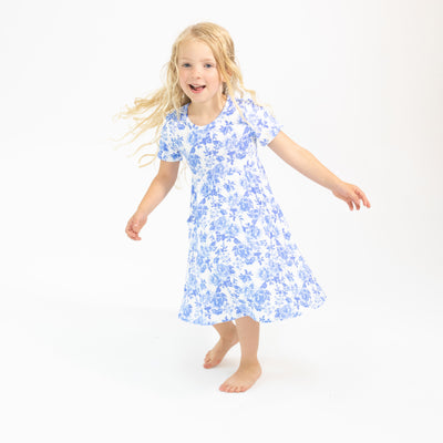 Short Sleeve Twirly Dress - Roses In Blue