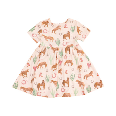 Short Sleeve Twirly Dress - Western Horses Pink