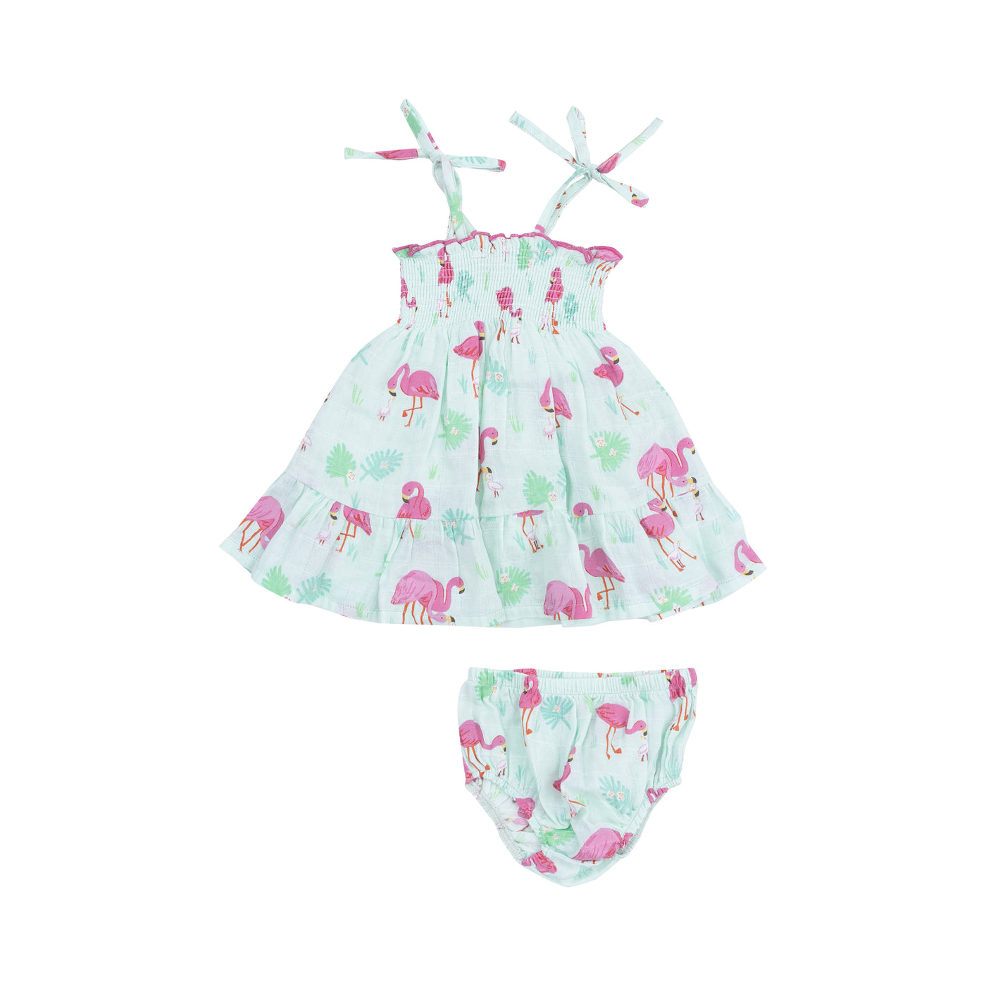 Tie Strap Smocked Sun Dresss  and Diaper Cover - Flamingos