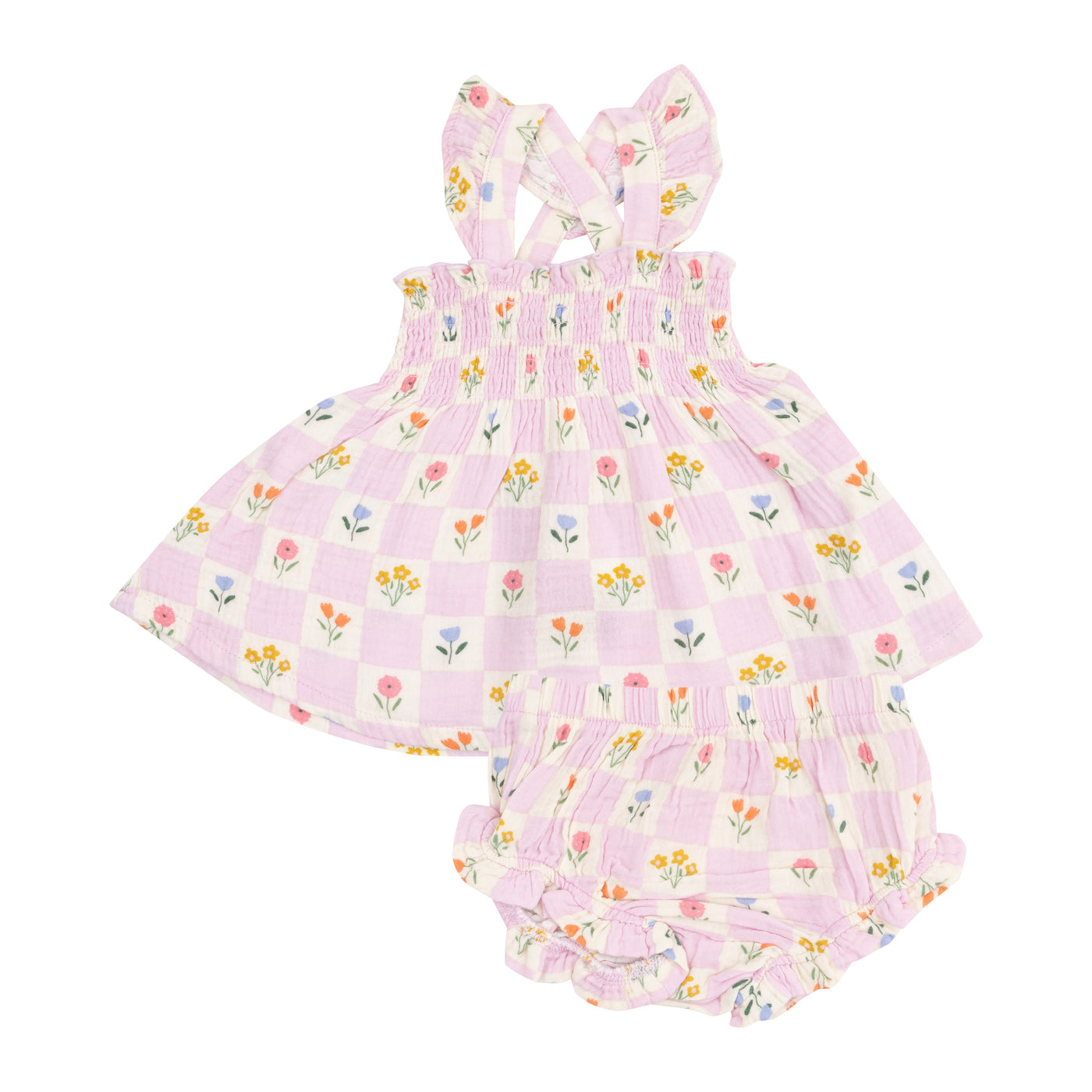 Ruffle Strap Smocked Top and Diaper Cover - Floral Check