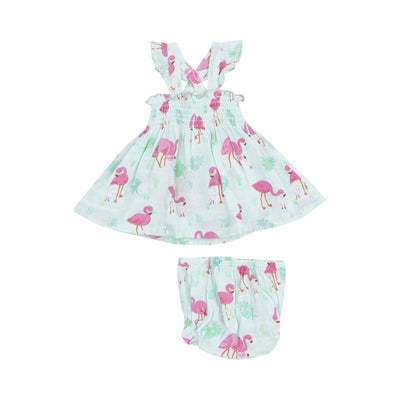 Ruffle Strap Smocked Top and Diaper Cover - Flamingos