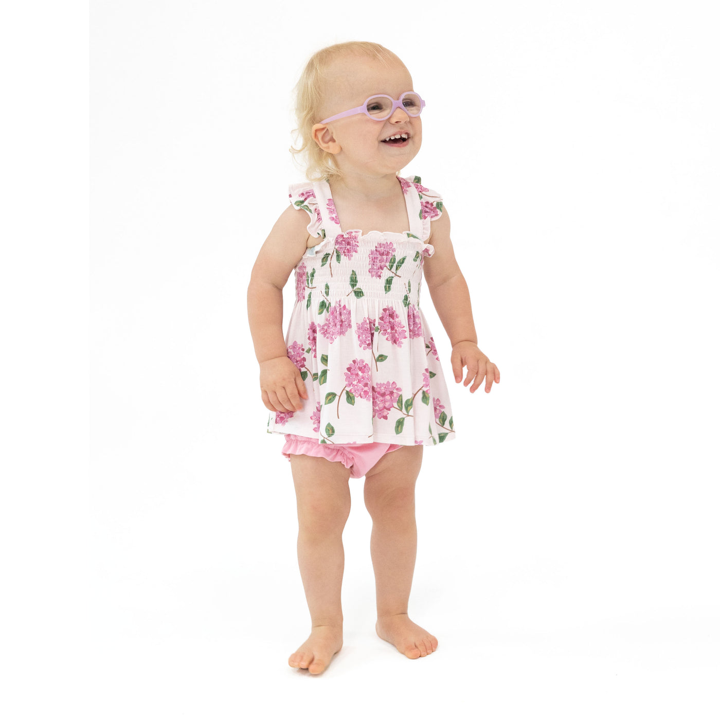 Ruffle Strap Smocked Top and Diaper Cover - Hydrangeas