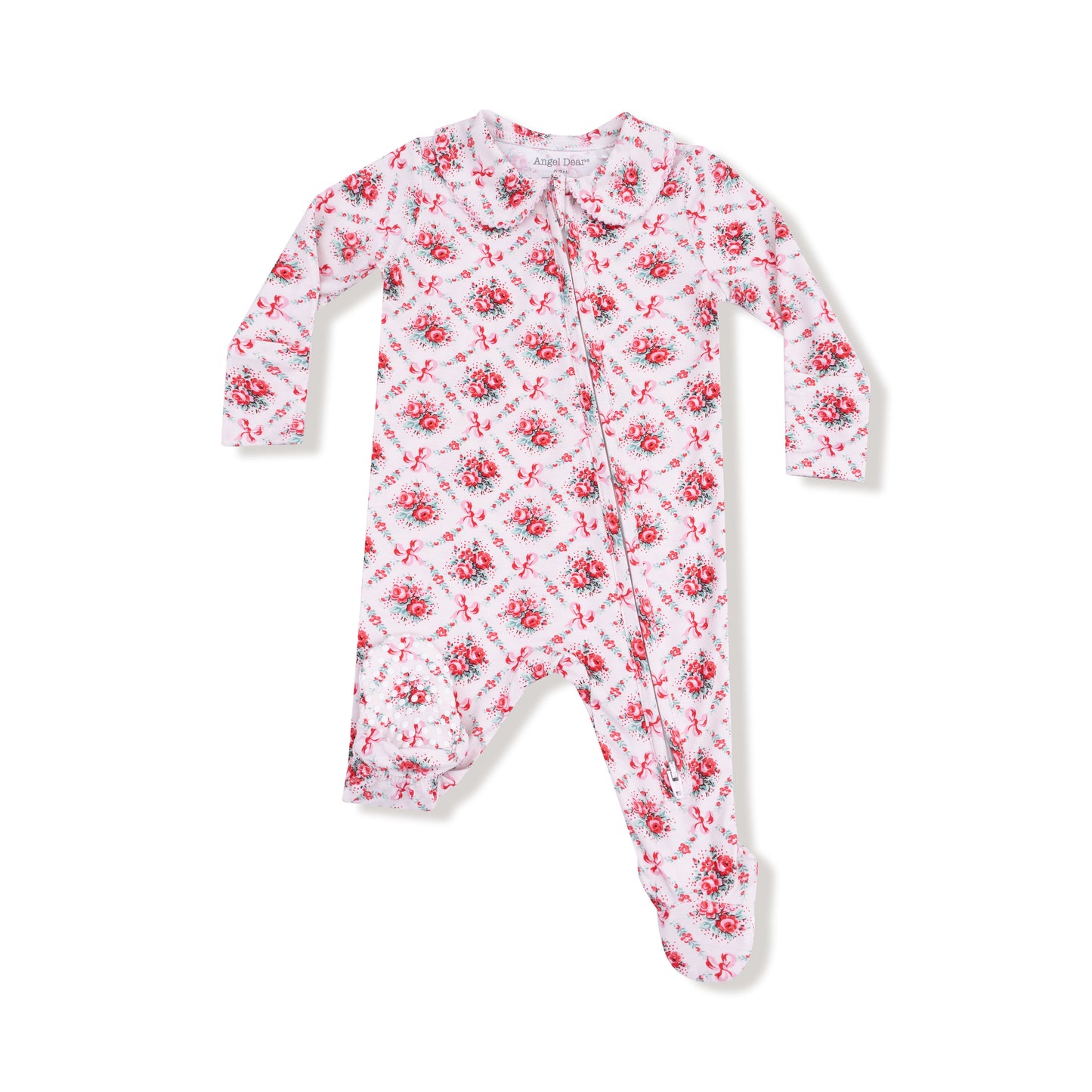 Peter Pan 2 Way Zipper Footie in our  Rose Bow Lattice print from Angel Dear