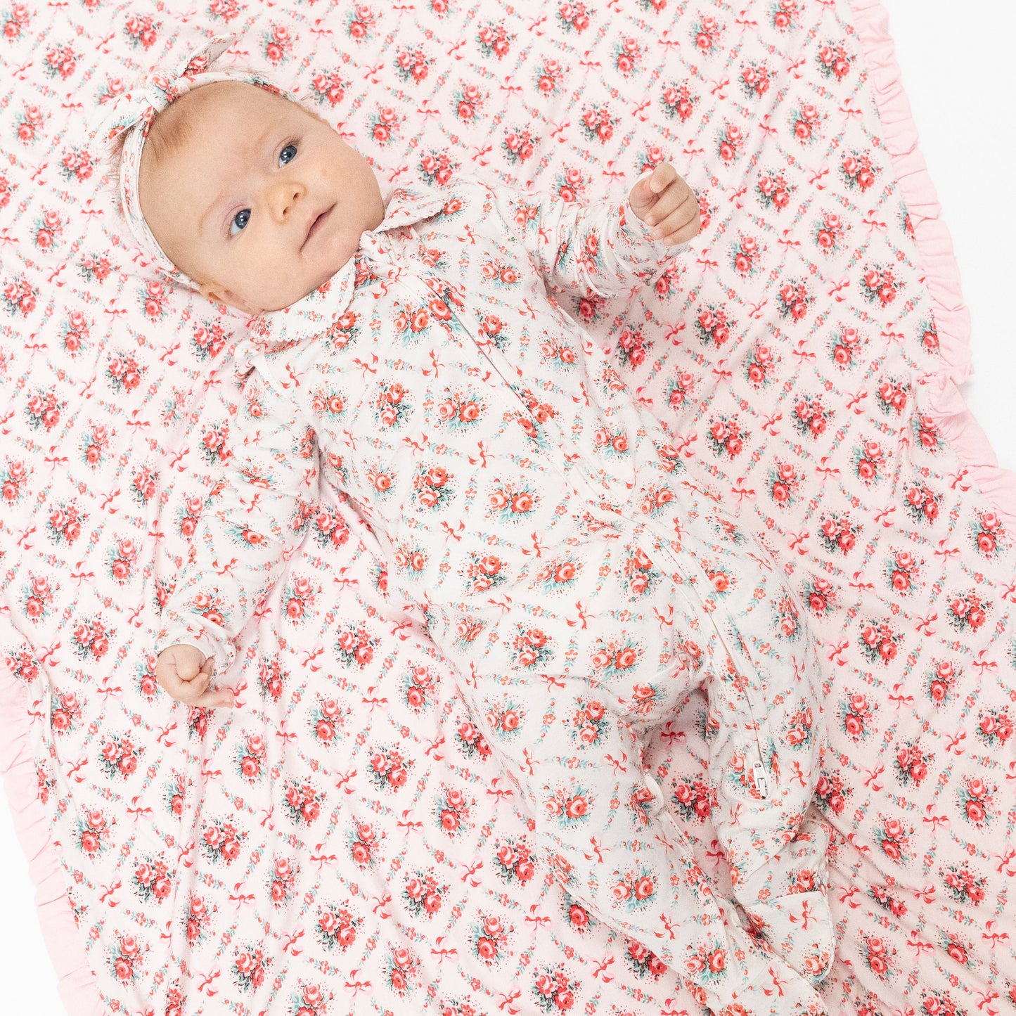 Peter Pan 2 Way Zipper Footie in our  Rose Bow Lattice print from Angel Dear