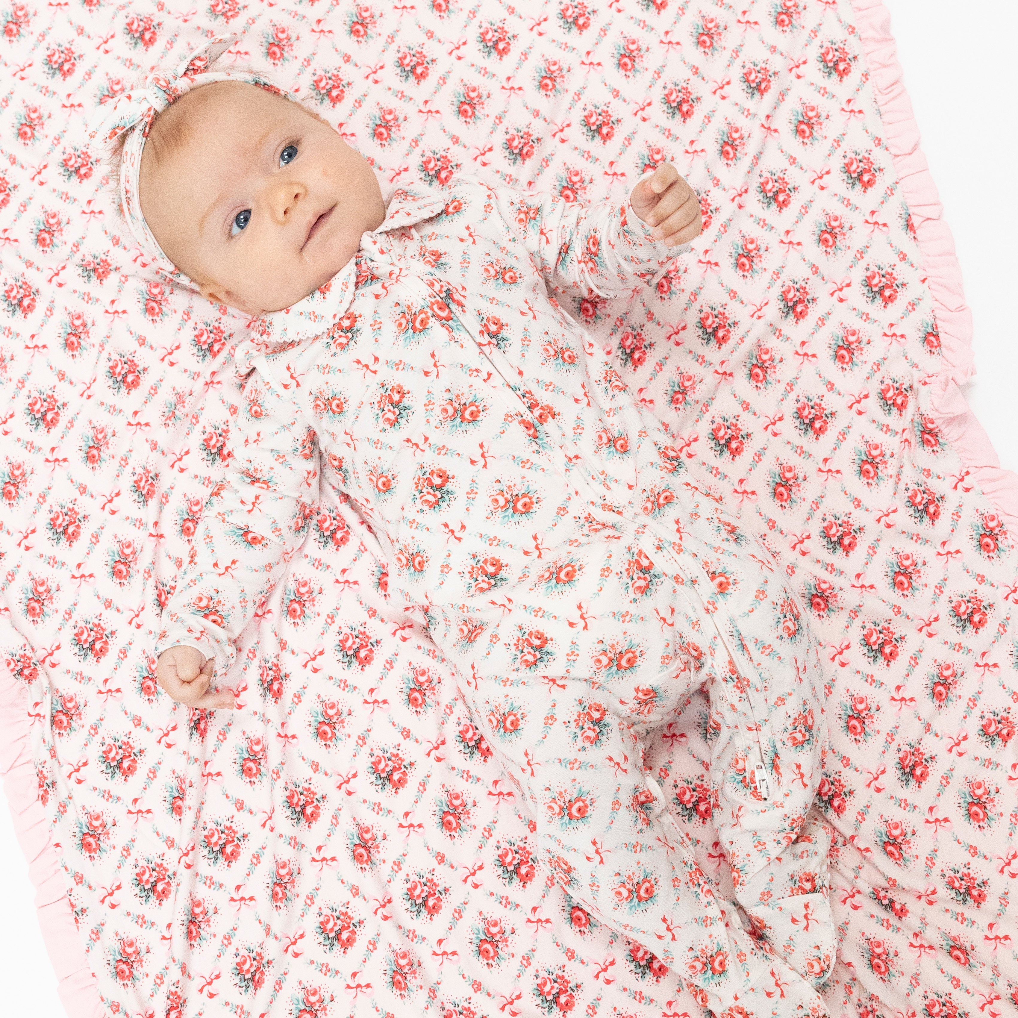 Peter Pan 2 Way Zipper Footie in our  Rose Bow Lattice print from Angel Dear
