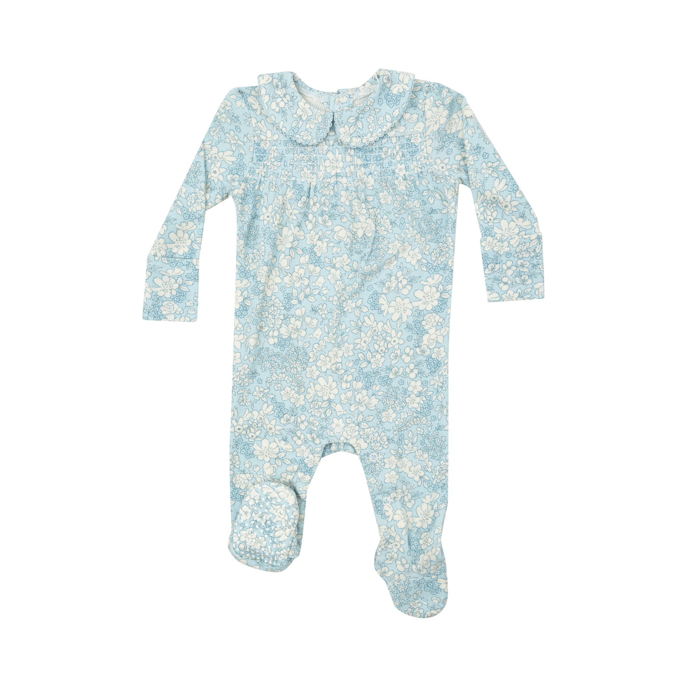 Smocked Peter Pan Footie - Blue Meadow Floral