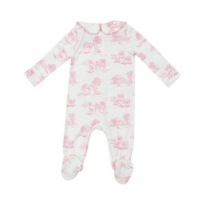 Smocked Peter Pan Footie - Farm Toile Pink-Angel Dear