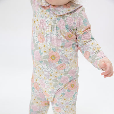 Smocked Peter Pan Footie - Peonies & Roses-Angel Dear