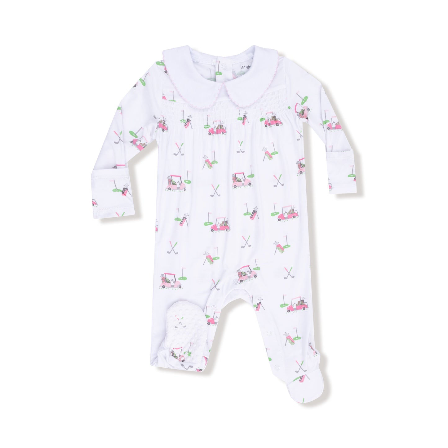 Smocked Peter Pan Snap Footie in our  Baby Golf Carts - Pink print from Angel Dear