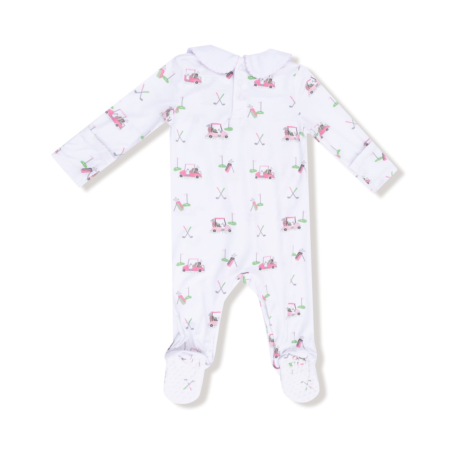 Smocked Peter Pan Snap Footie in our  Baby Golf Carts - Pink print from Angel Dear