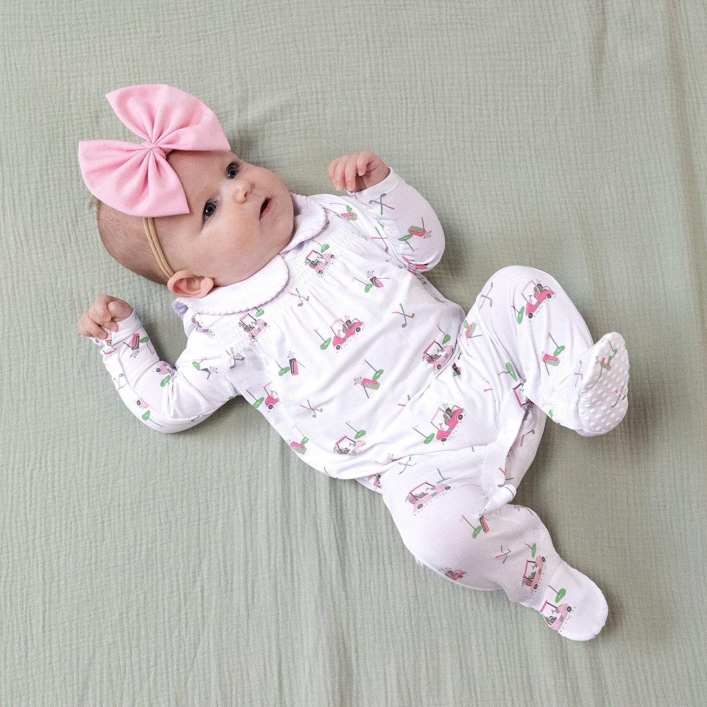 Smocked Peter Pan Snap Footie in our  Baby Golf Carts - Pink print from Angel Dear