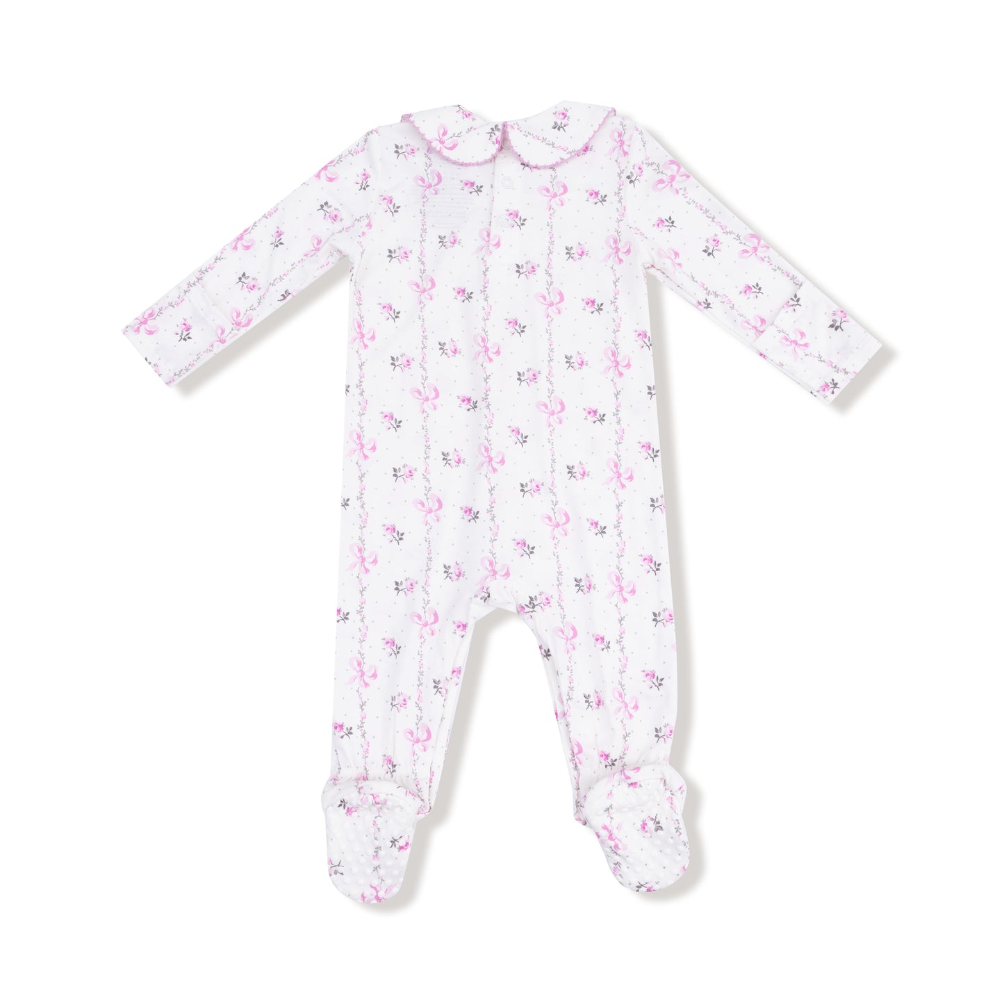 Smocked Peter Pan Snap Footie in our  Dainty Buds and Bows Stripe print from Angel Dear
