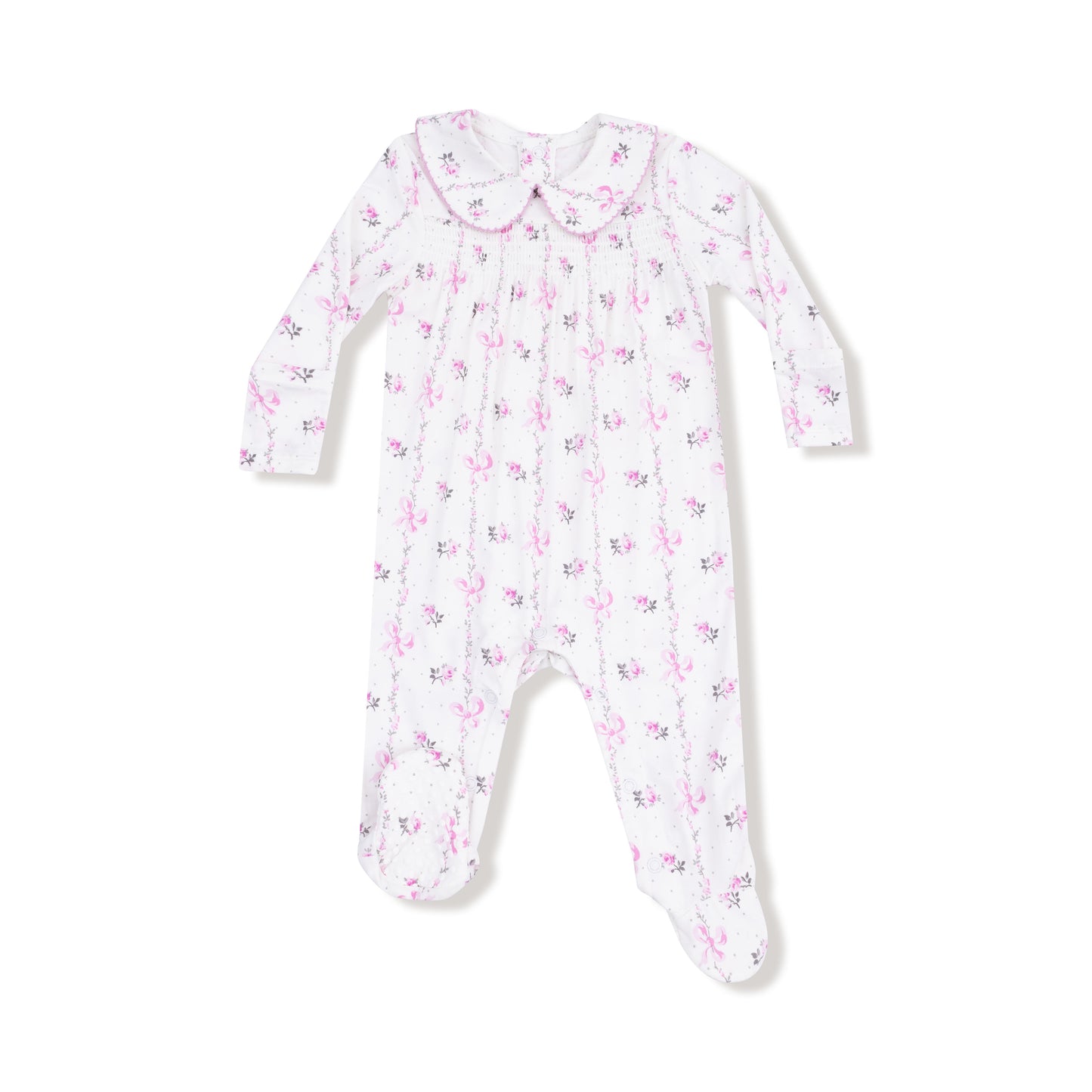 Smocked Peter Pan Snap Footie in our  Dainty Buds and Bows Stripe print from Angel Dear