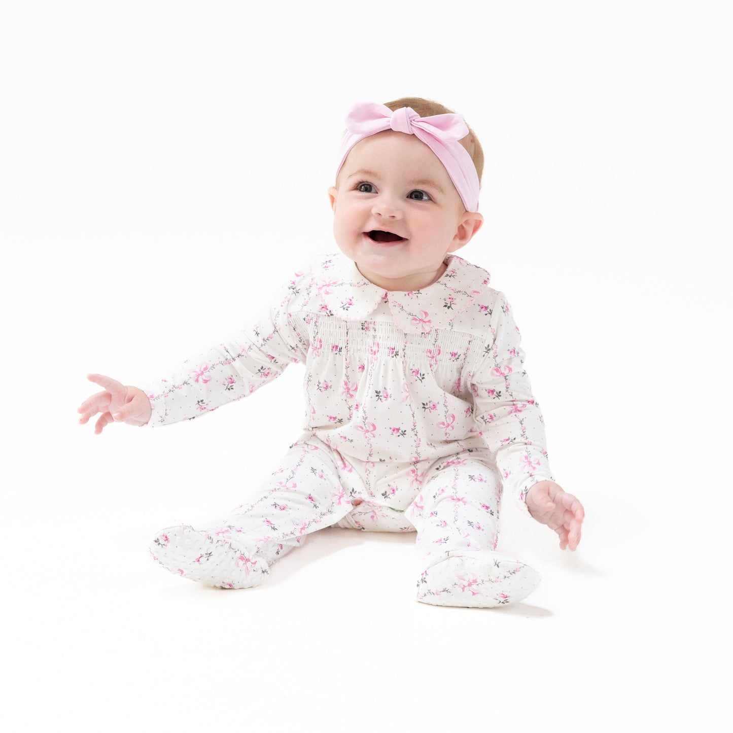 Smocked Peter Pan Snap Footie in our  Dainty Buds and Bows Stripe print from Angel Dear