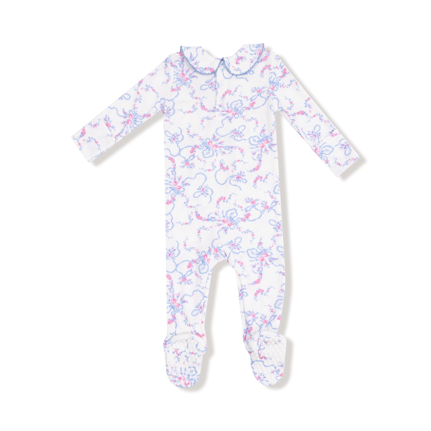 Smocked Peter Pan Snap Footie in our  Ribbon Floral Fling print from Angel Dear