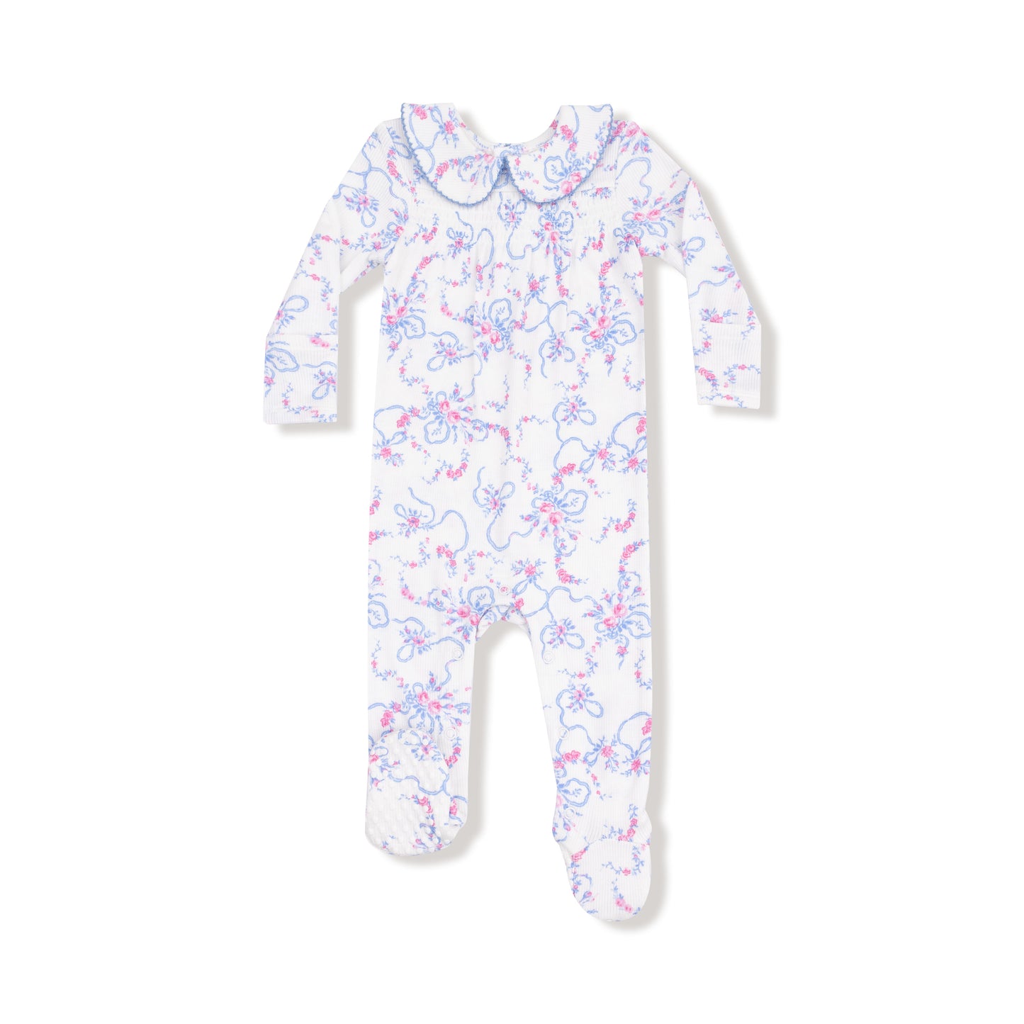Smocked Peter Pan Snap Footie in our  Ribbon Floral Fling print from Angel Dear