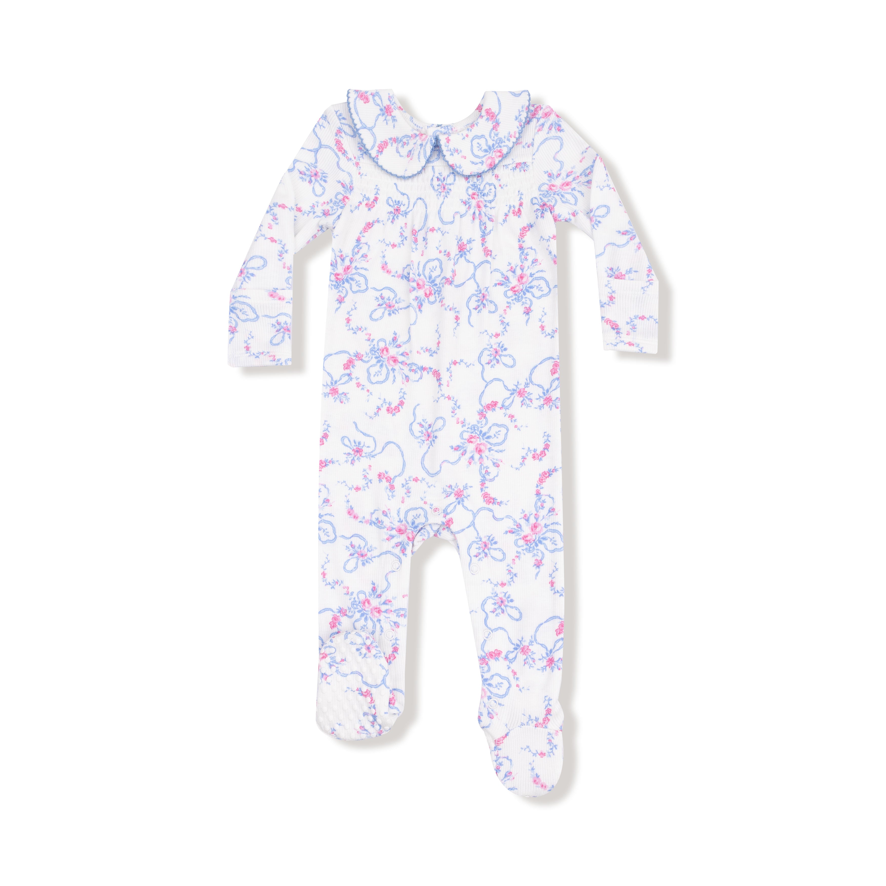 Smocked Peter Pan Snap Footie in our  Ribbon Floral Fling print from Angel Dear