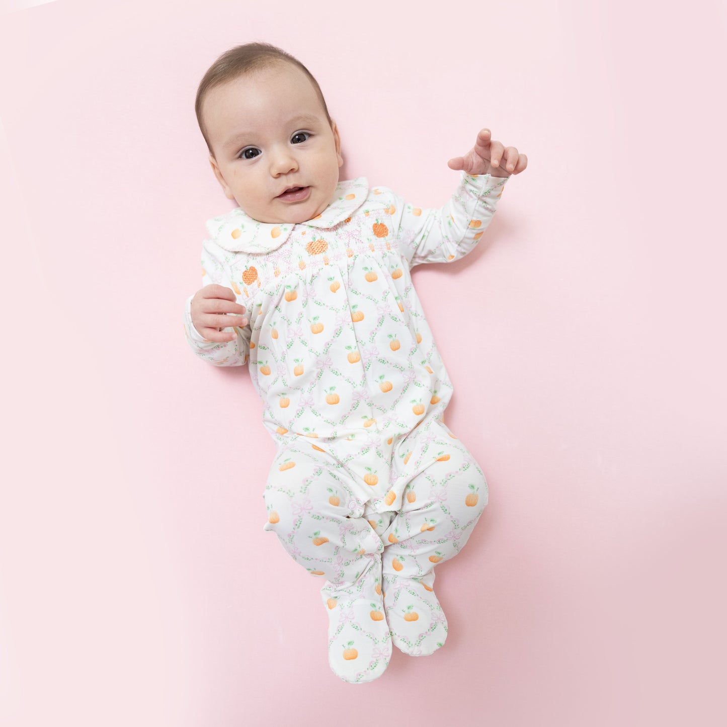 Pretty Pumpkin Trellis - Smocked Peter Pan Snap Footie