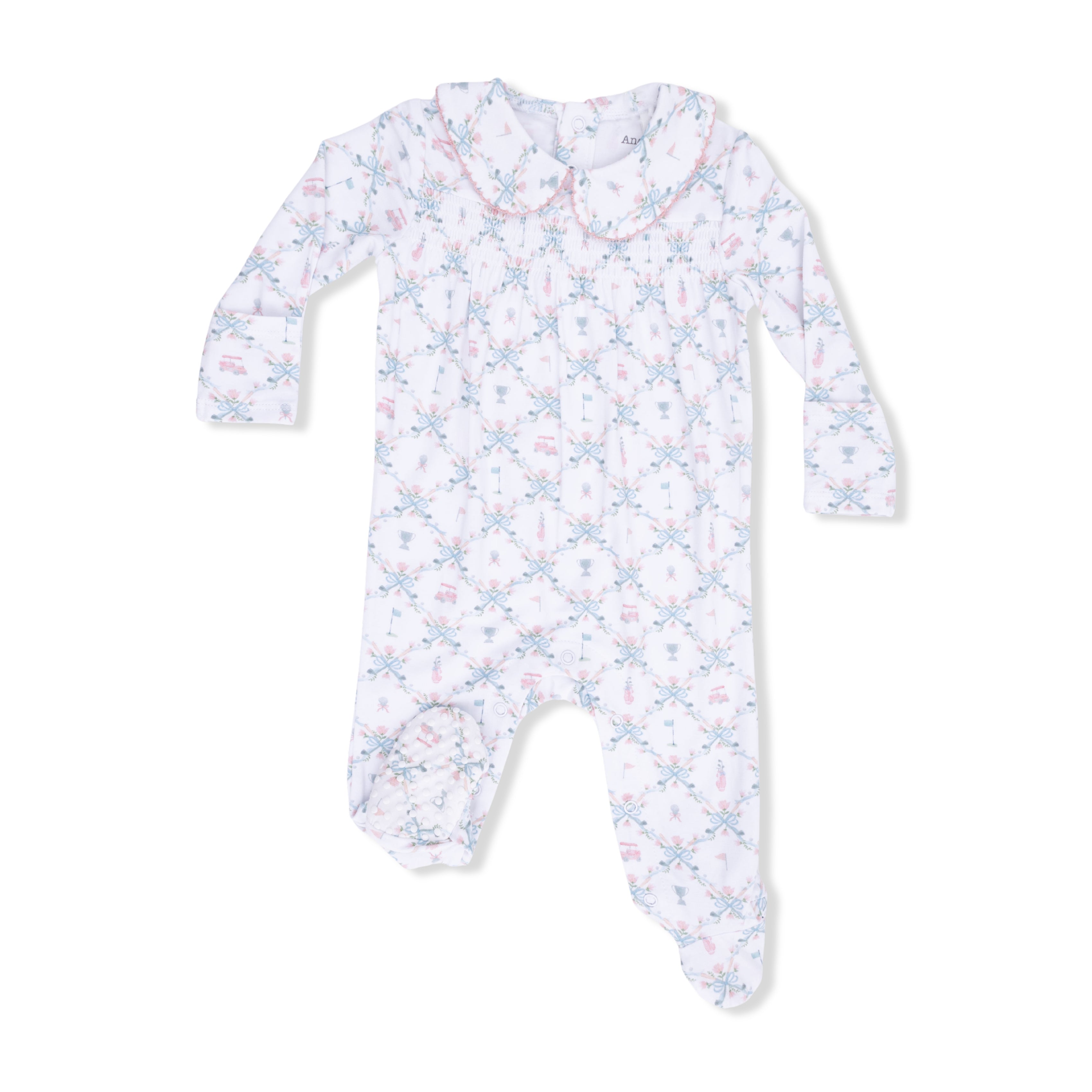 Golf Trellis Pink - Smocked Peter Pan Snap Footie-Angel Dear