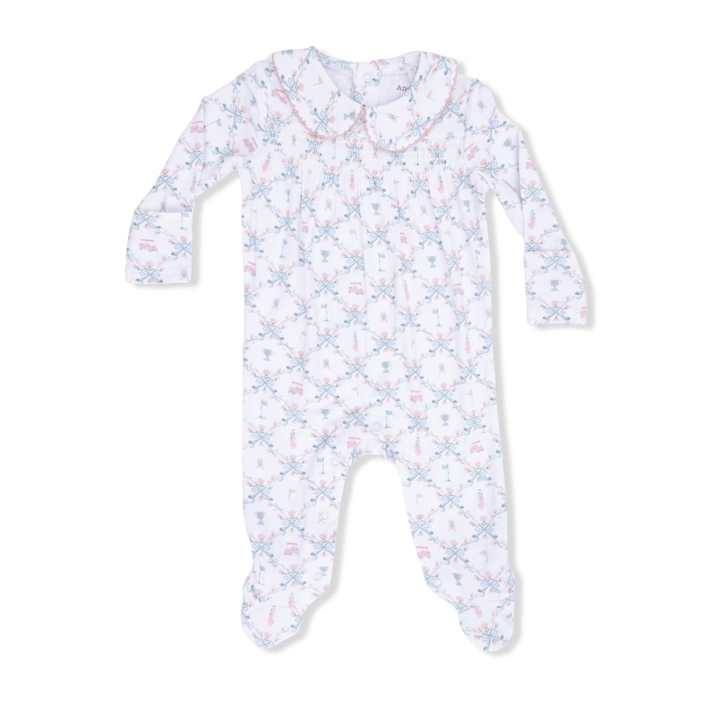 Golf Trellis Pink - Smocked Peter Pan Snap Footie-Angel Dear