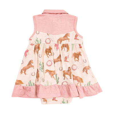 Cowboy Bodysuit Dress - Western Horses Pink