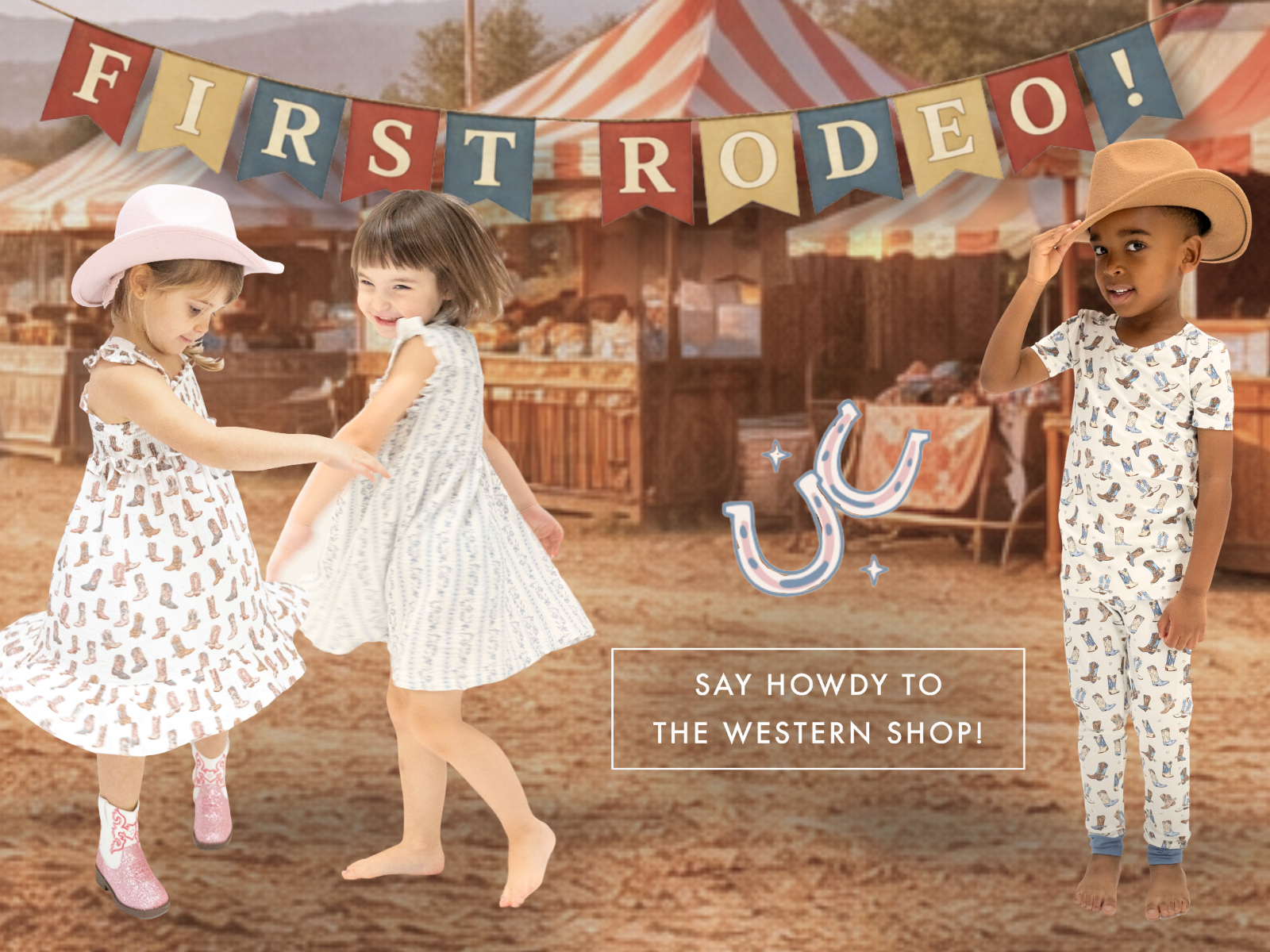 Children in western-themed outfits with a 'First Rodeo!' banner in the background.