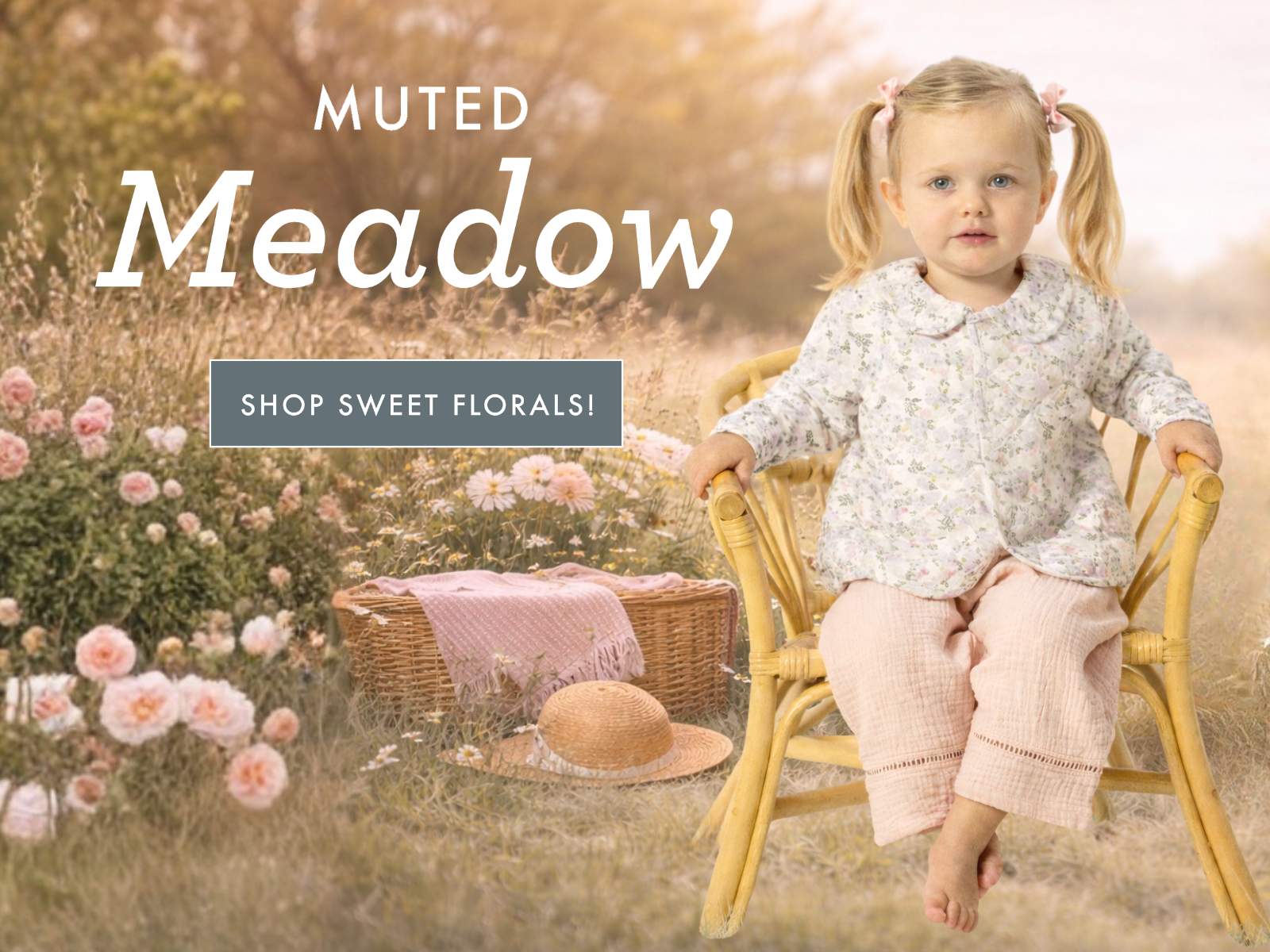 Child sitting in a chair with floral clothing, surrounded by flowers and wicker basket, with 'Muted Meadow' text overlay.