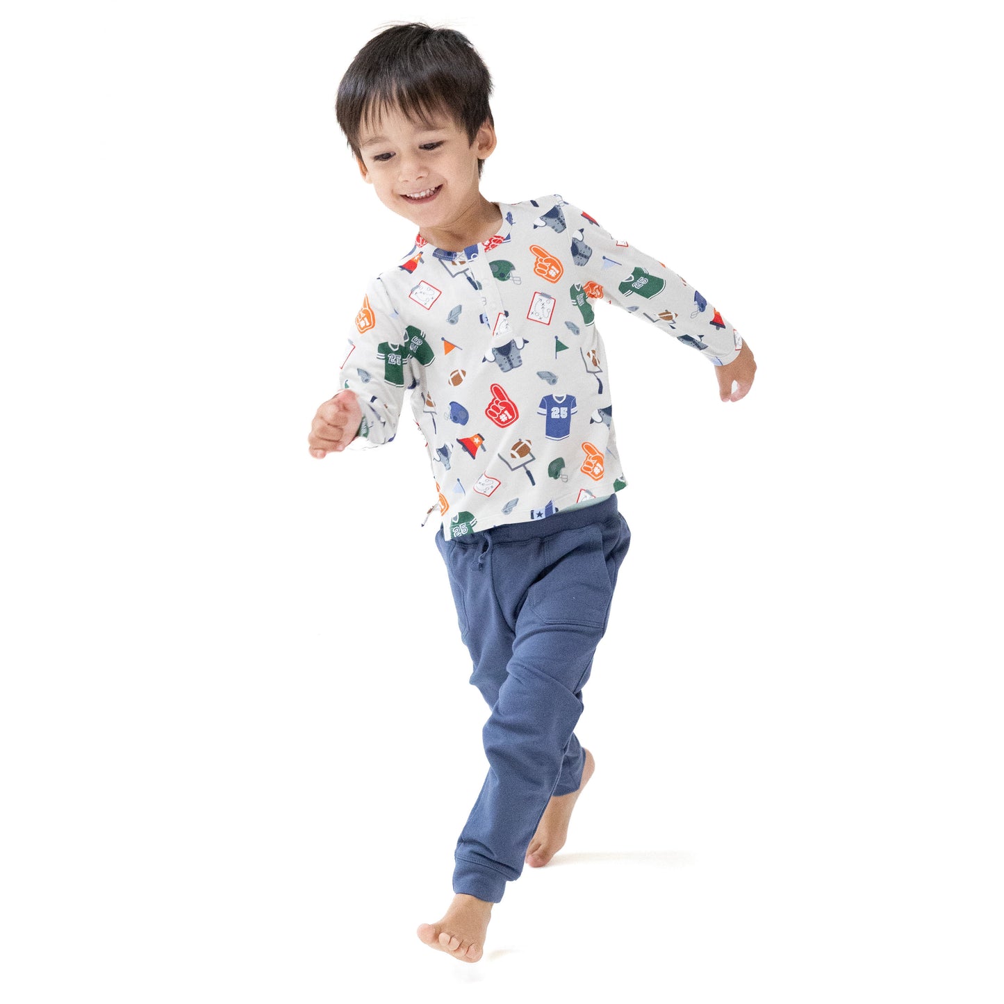 Long Sleeve Henley in our  Game Day - Grey print from Angel Dear