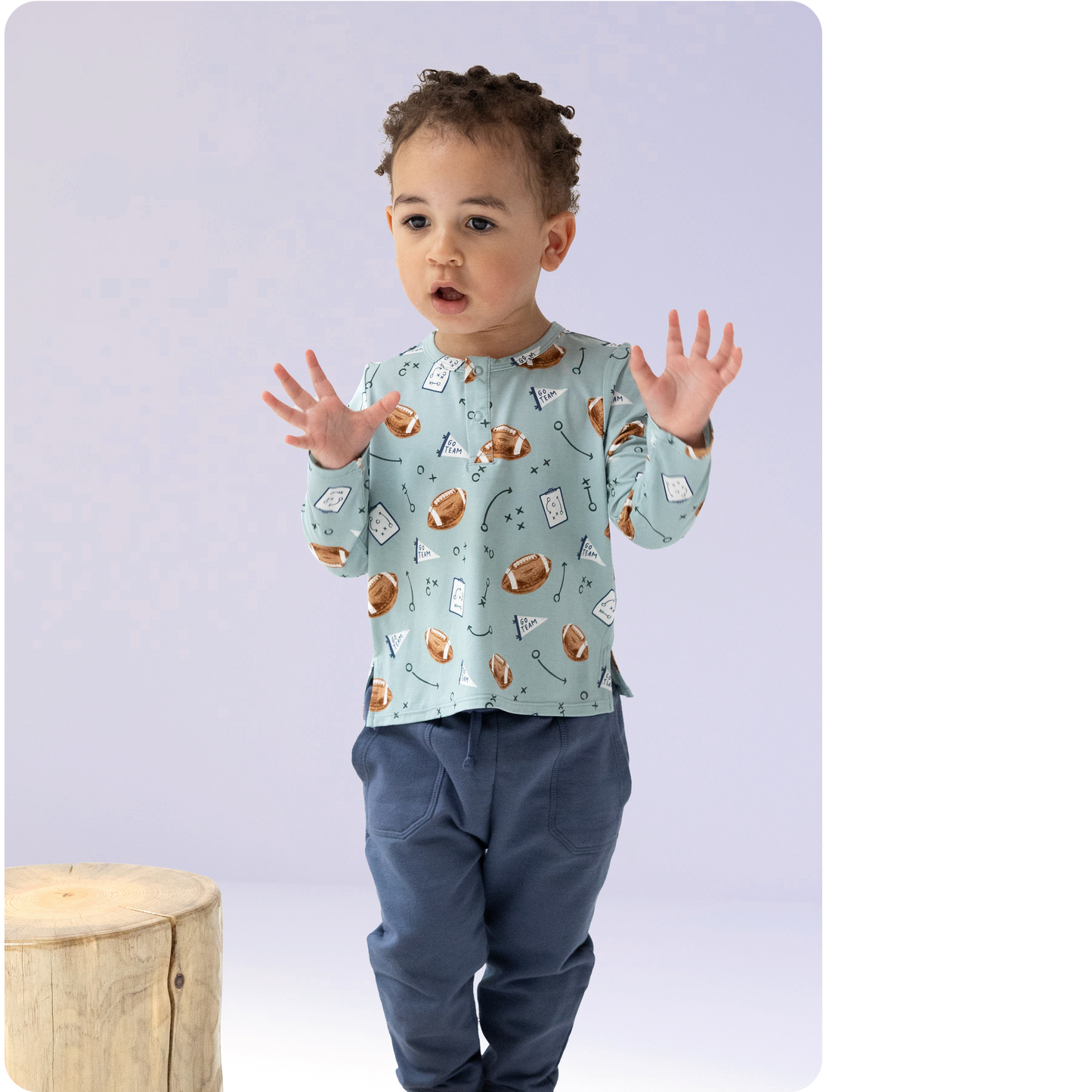 Long Sleeve Henley in our  Touchdown Time - Grey Mist print from Angel Dear