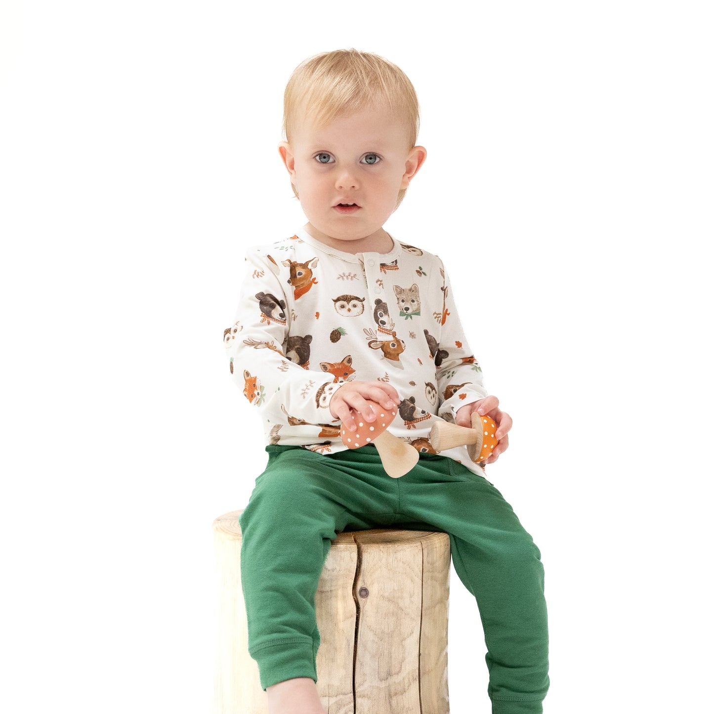 Long Sleeve Henley in our  Woodland Animal Faces print from Angel Dear