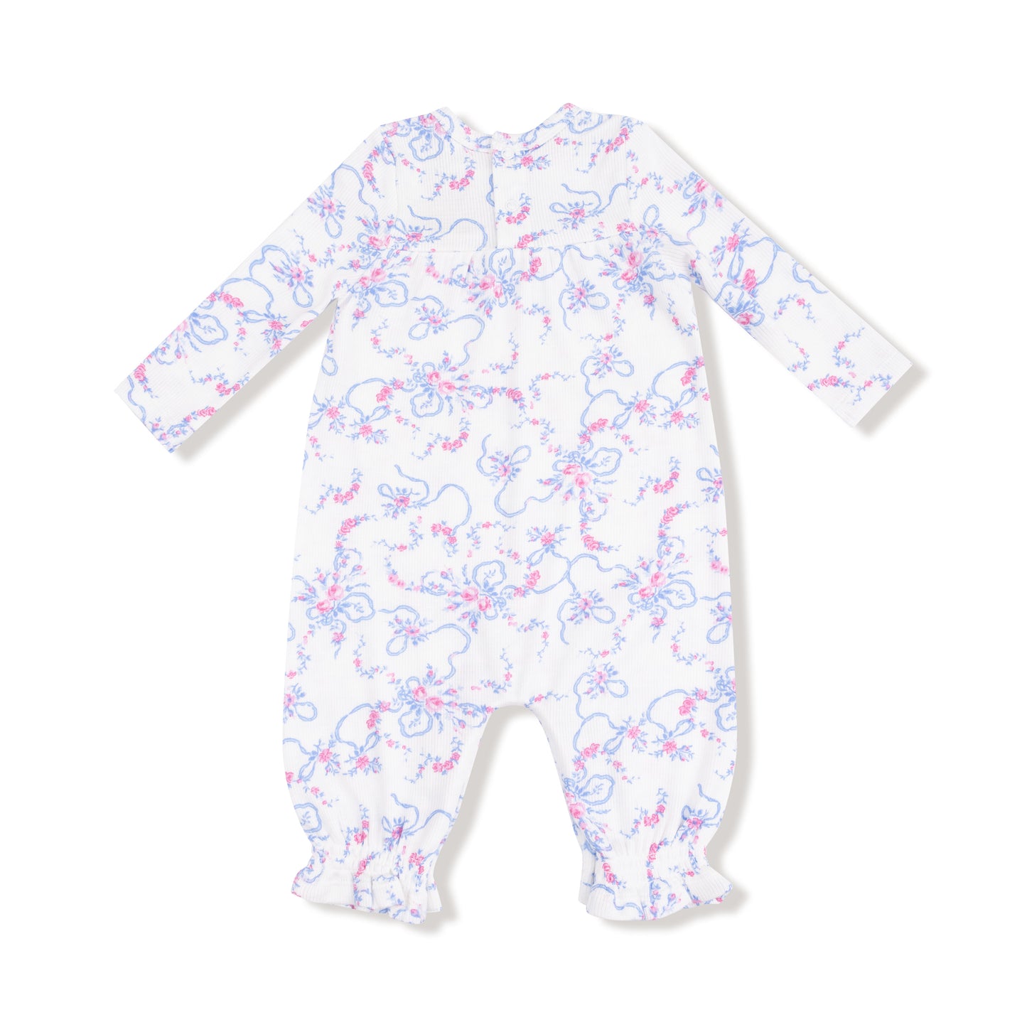 Cuffed Sleeve Romper in our  Ribbon Floral Fling print from Angel Dear