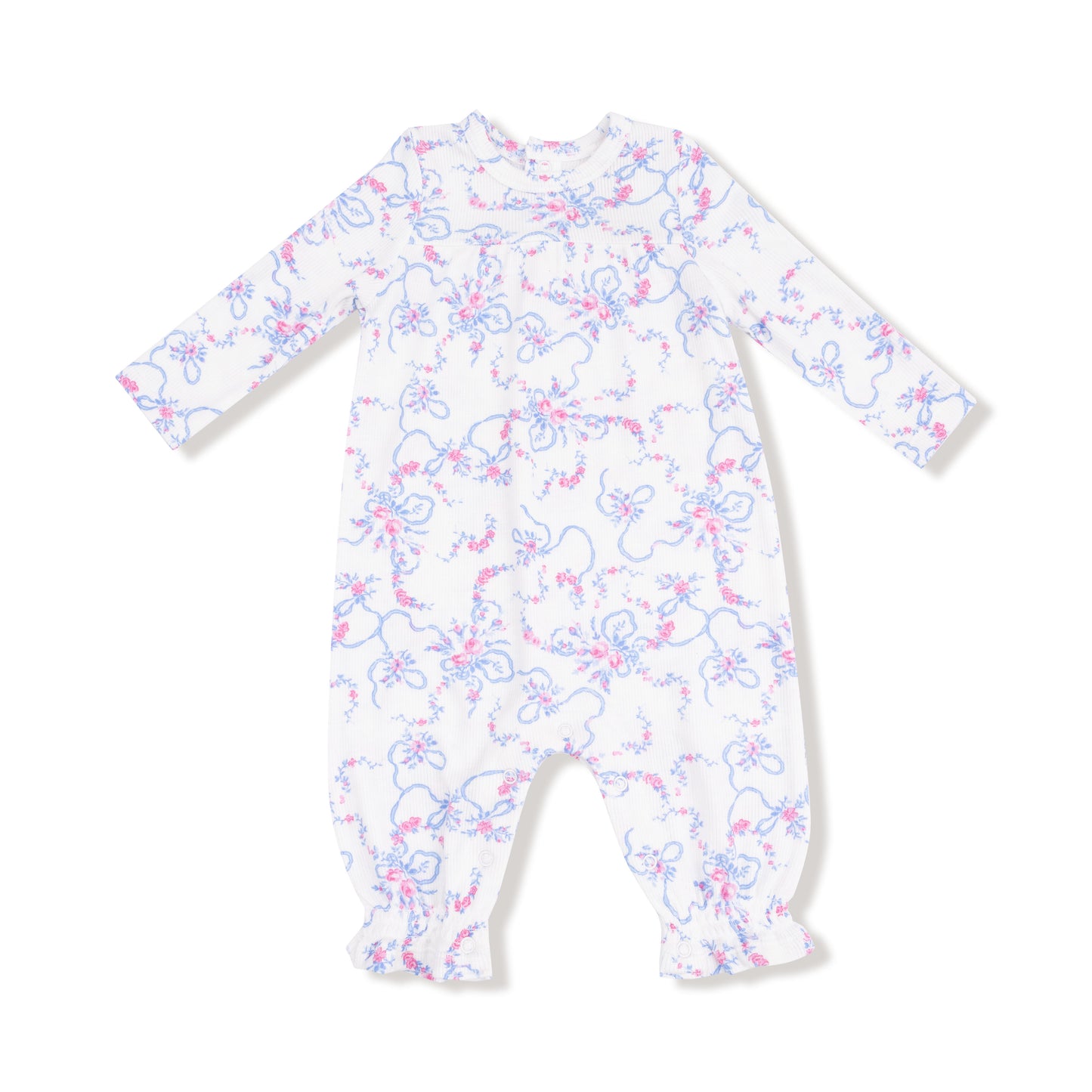 Cuffed Sleeve Romper in our  Ribbon Floral Fling print from Angel Dear