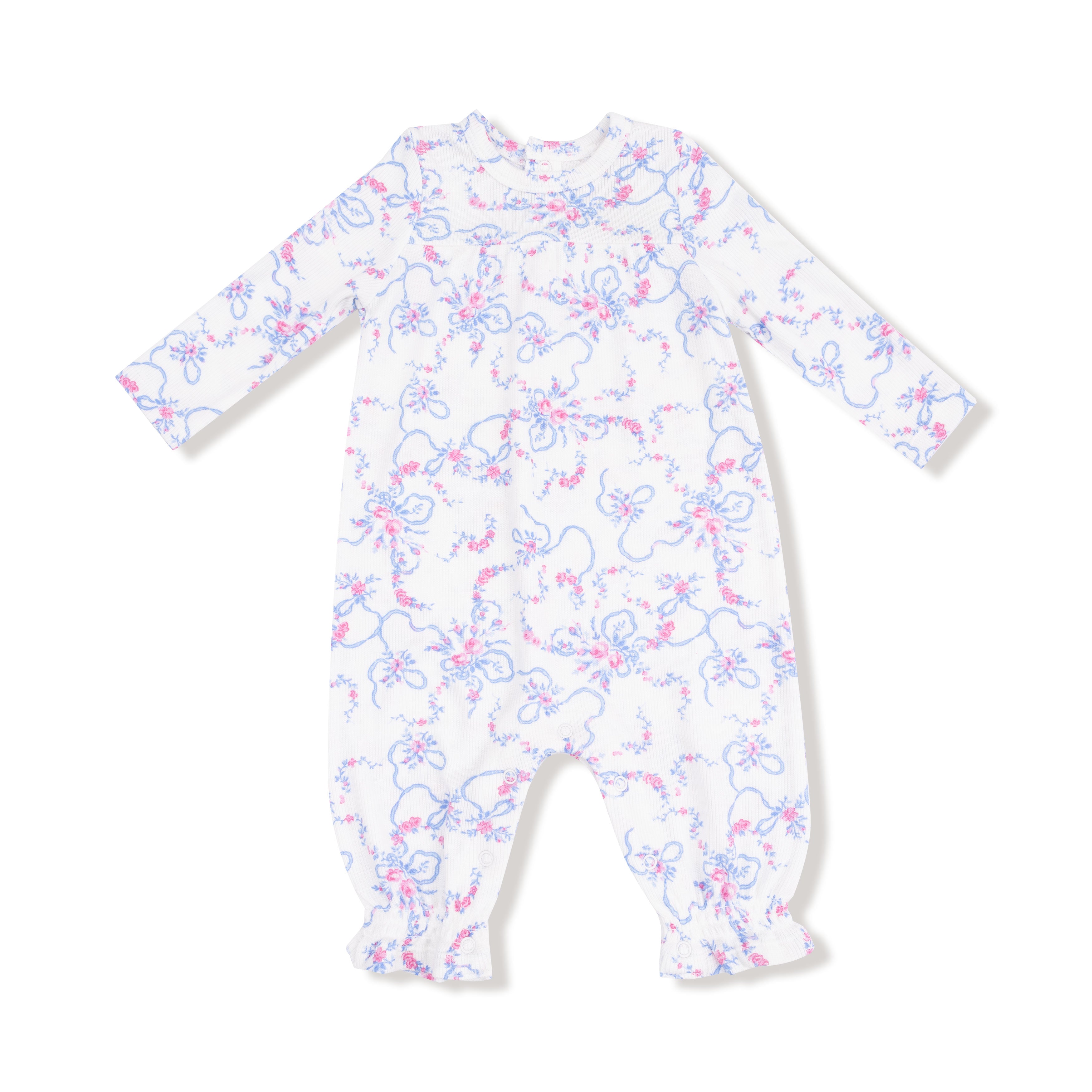 Cuffed Sleeve Romper in our  Ribbon Floral Fling print from Angel Dear