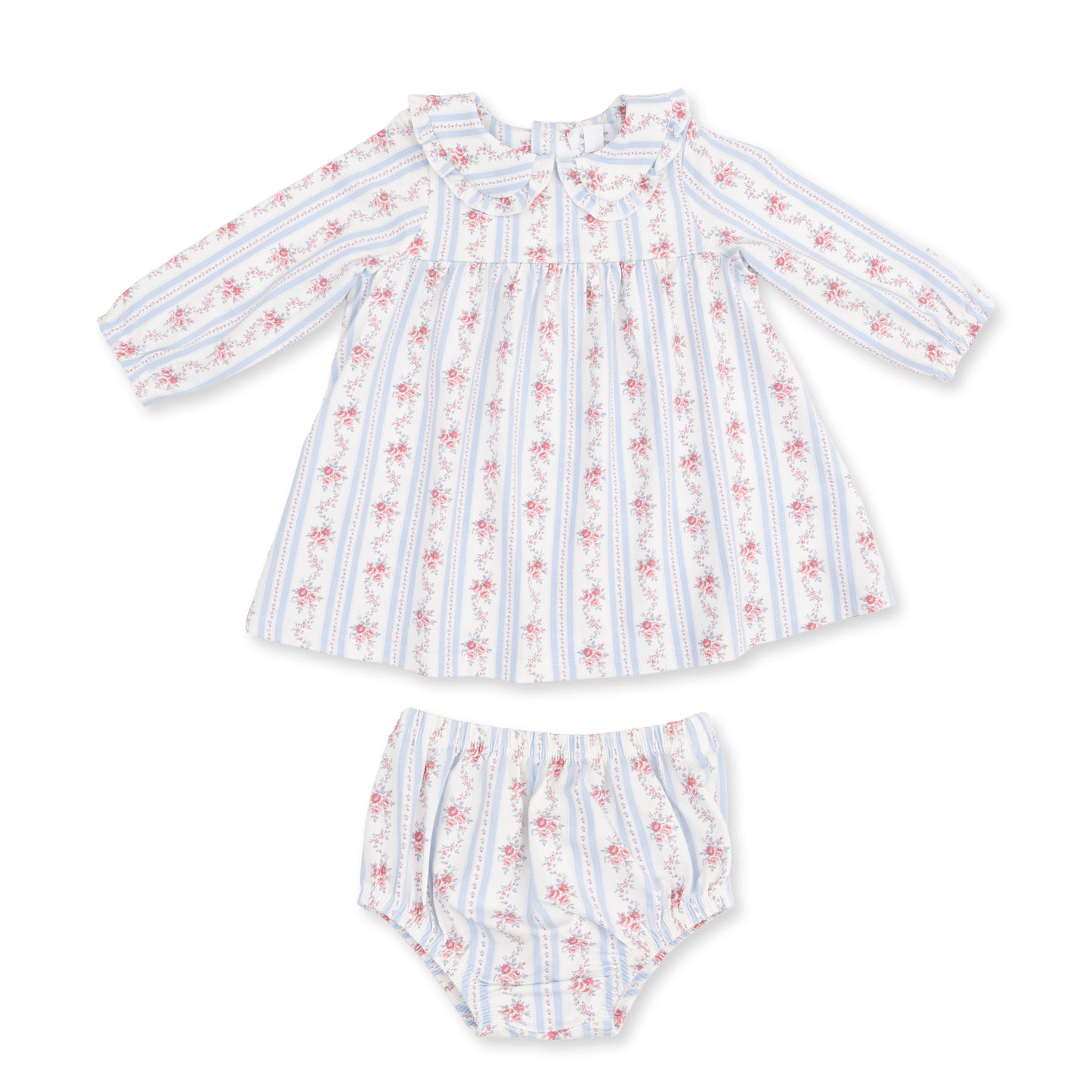 Anna Floral Stripe - Long Sleeve Peter Pan Ruffle Collar Dress and Bloomer