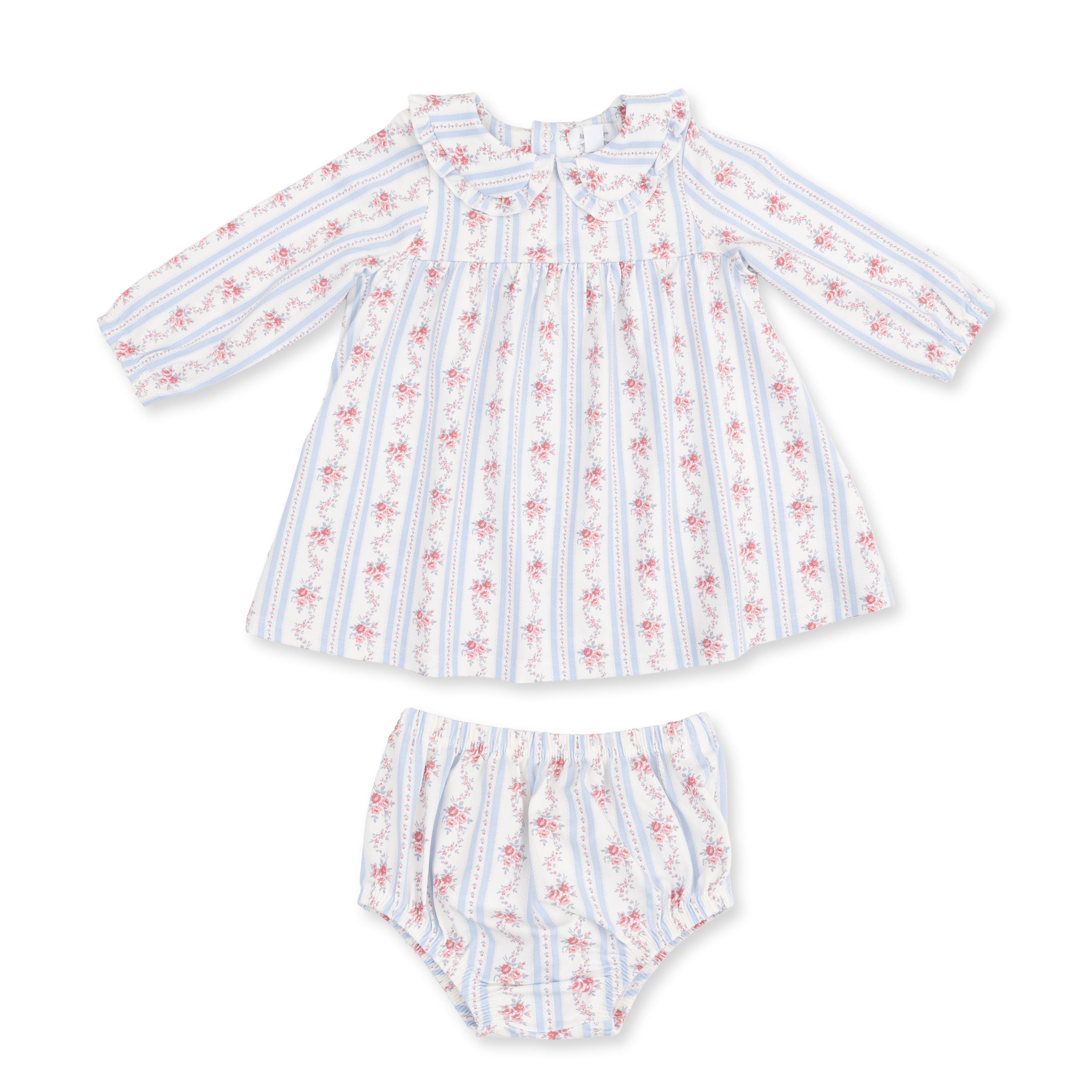 Anna Floral Stripe - Long Sleeve Peter Pan Ruffle Collar Dress and Bloomer