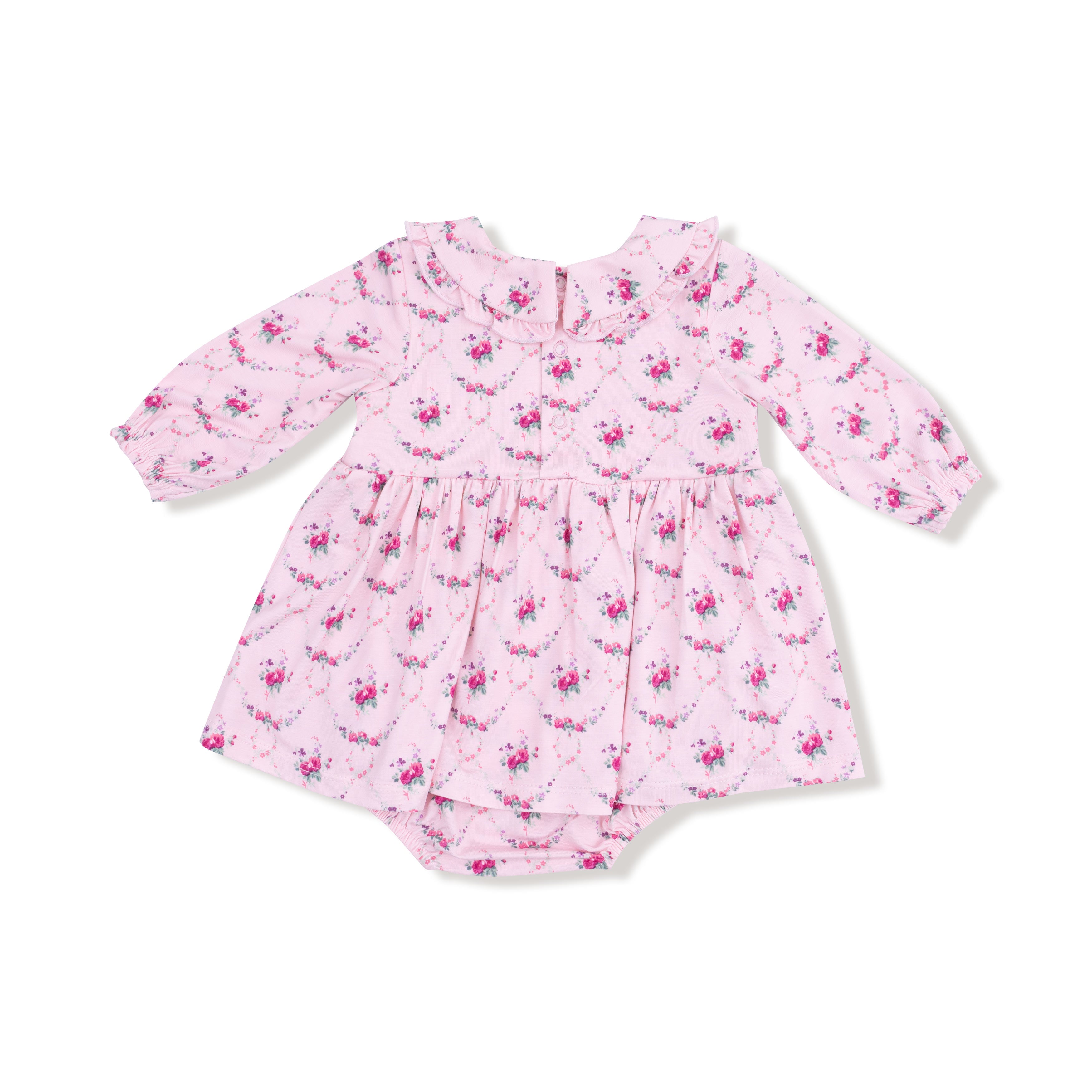 Long Sleeve Peter Pan Ruffle Collar Bubble with Skirt in our  Rose Garden Trellis print from Angel Dear