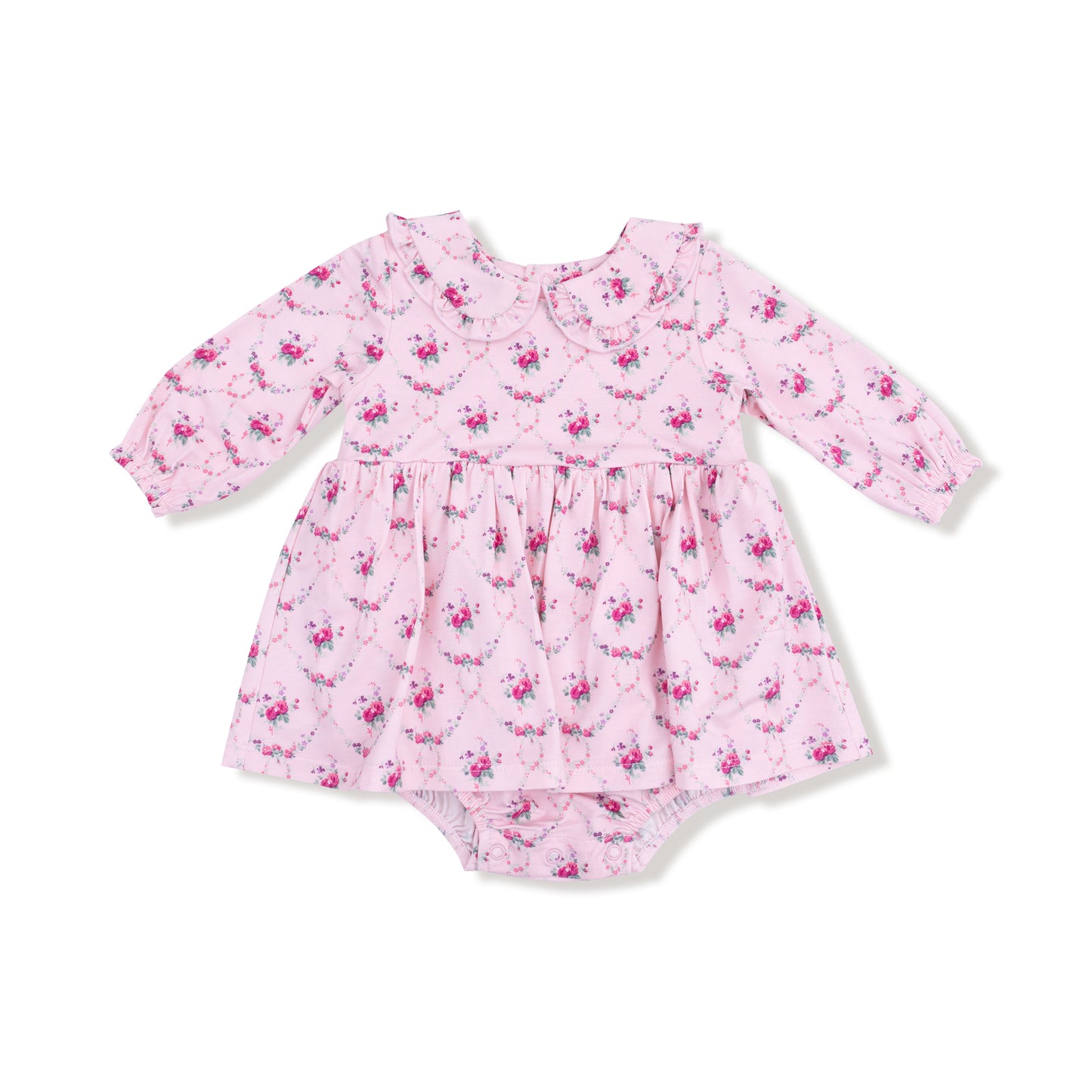 Long Sleeve Peter Pan Ruffle Collar Bubble with Skirt in our  Rose Garden Trellis print from Angel Dear