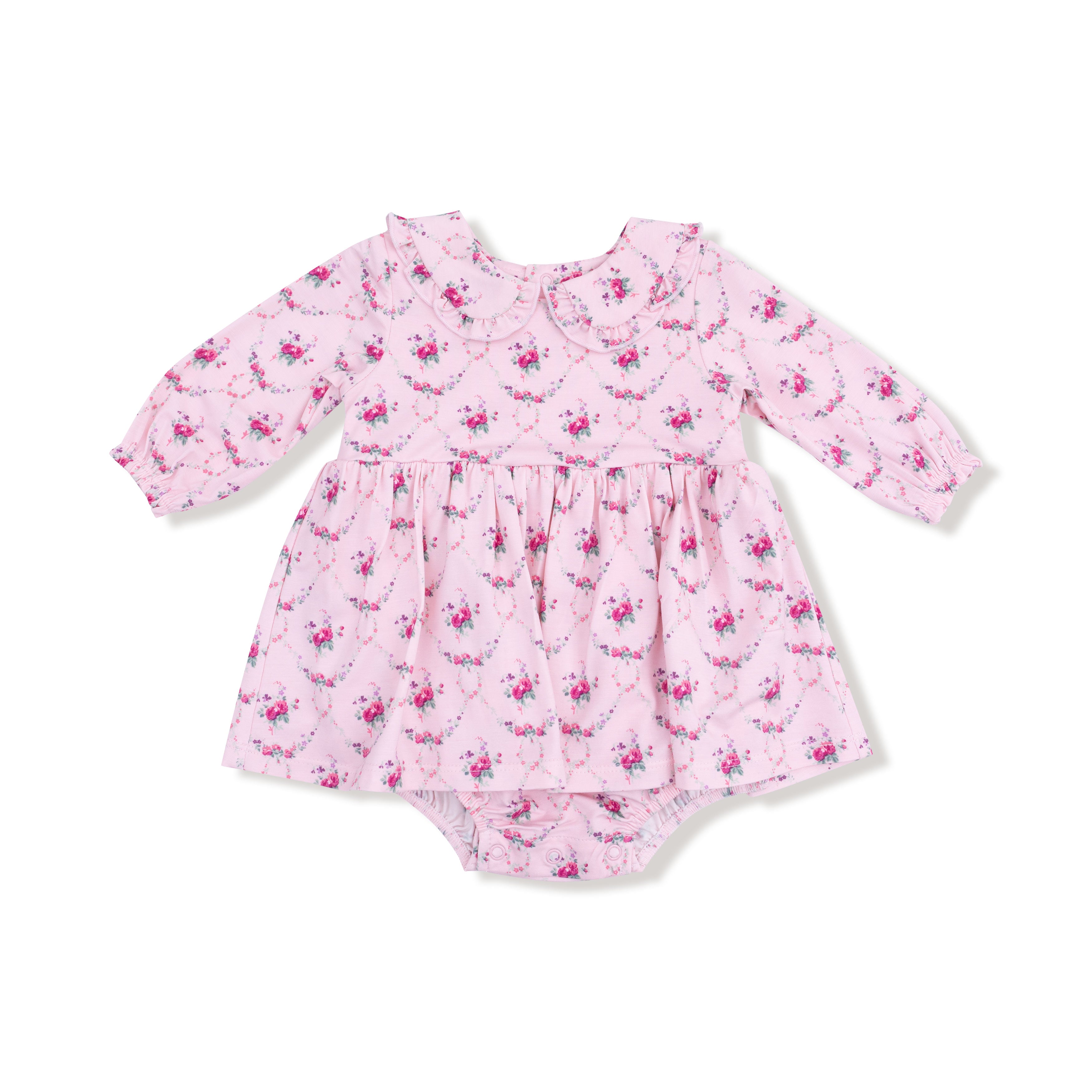 Long Sleeve Peter Pan Ruffle Collar Bubble with Skirt in our  Rose Garden Trellis print from Angel Dear